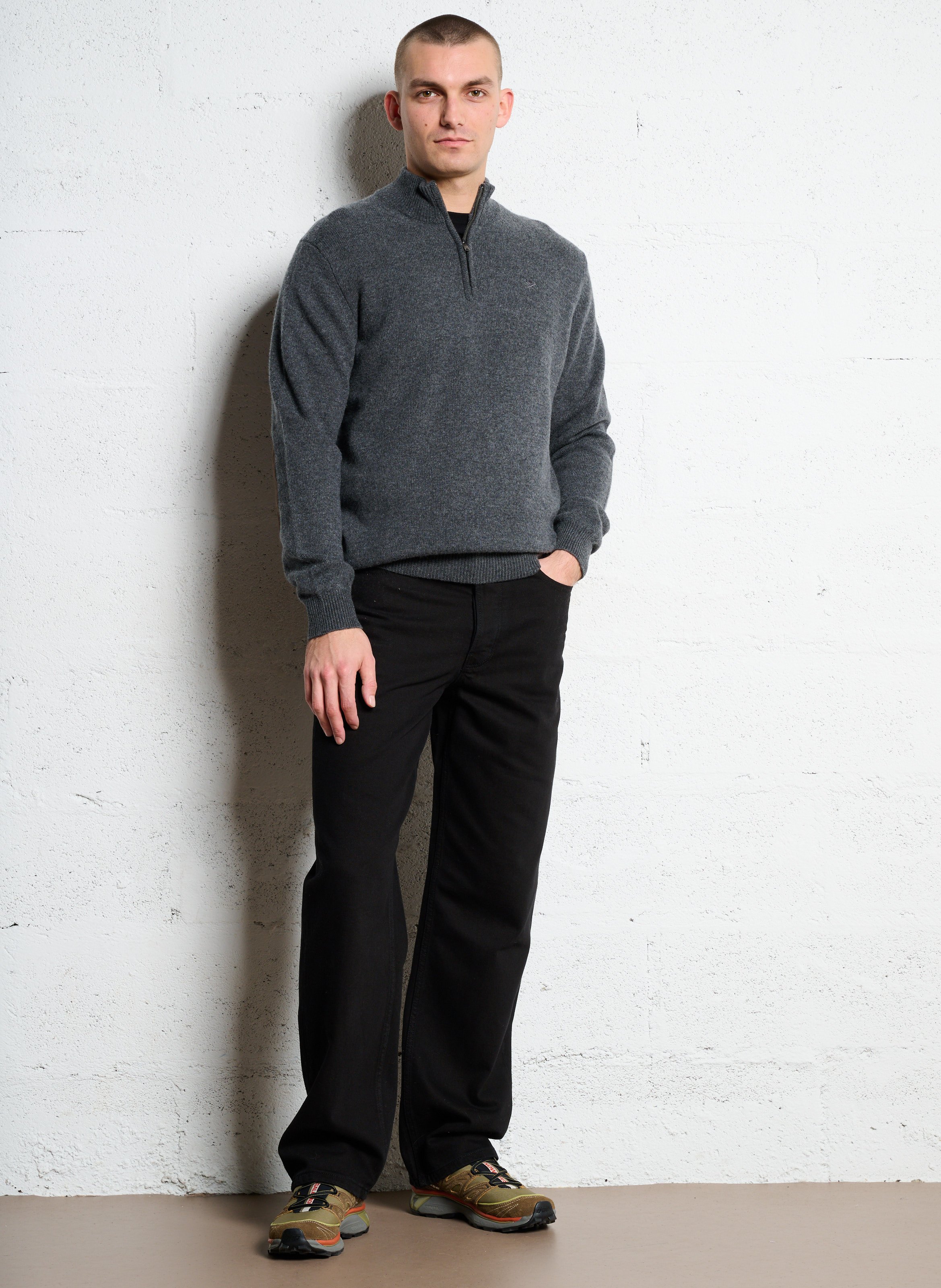 Gerade geschnittener Wollpullover mit Stehkragen und Reißverschluss HACKETT Grau