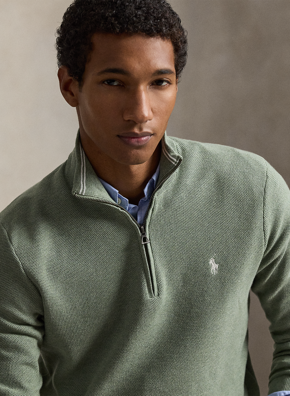 Pull col montant zippé en coton piqué POLO RALPH LAUREN Vert