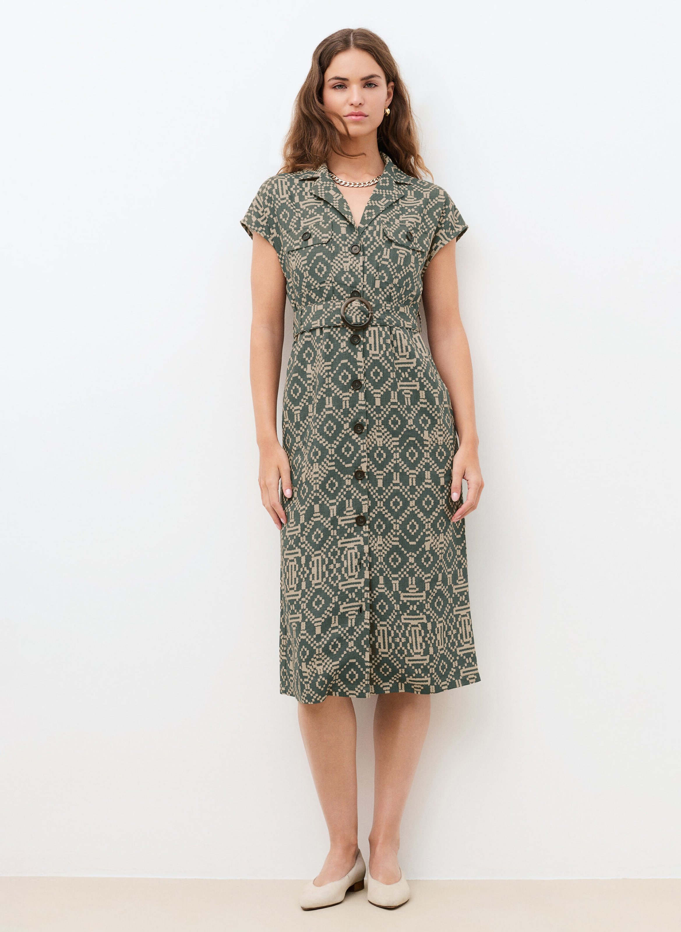 Robe midi col chemisier imprimée CAROLL Vert