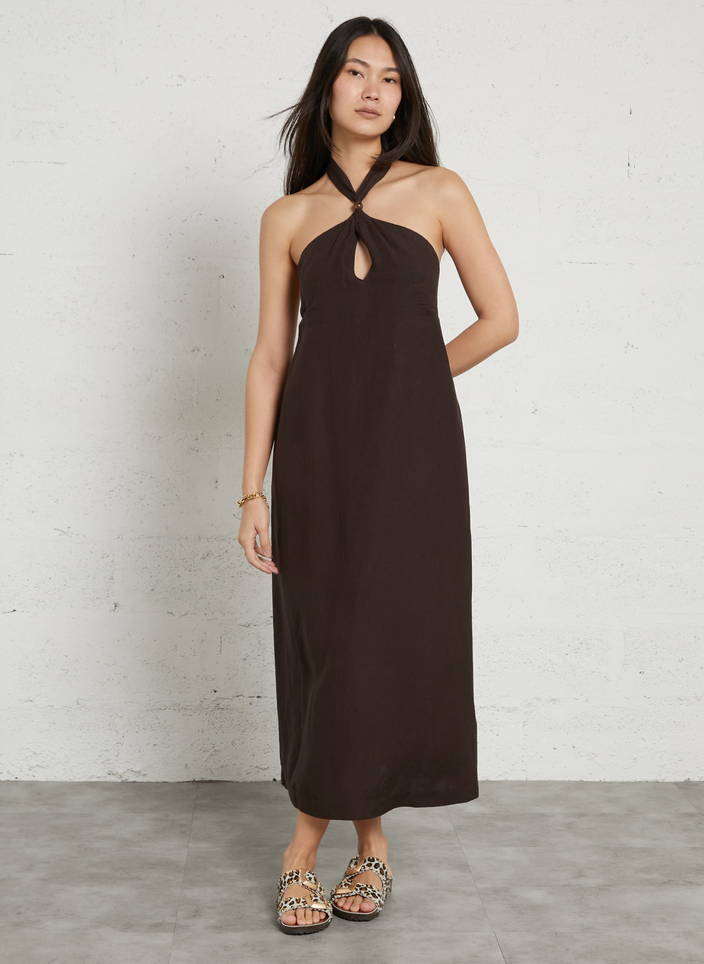 Robe midi dos nu en lin mélangé DES PETITS HAUTS Marron