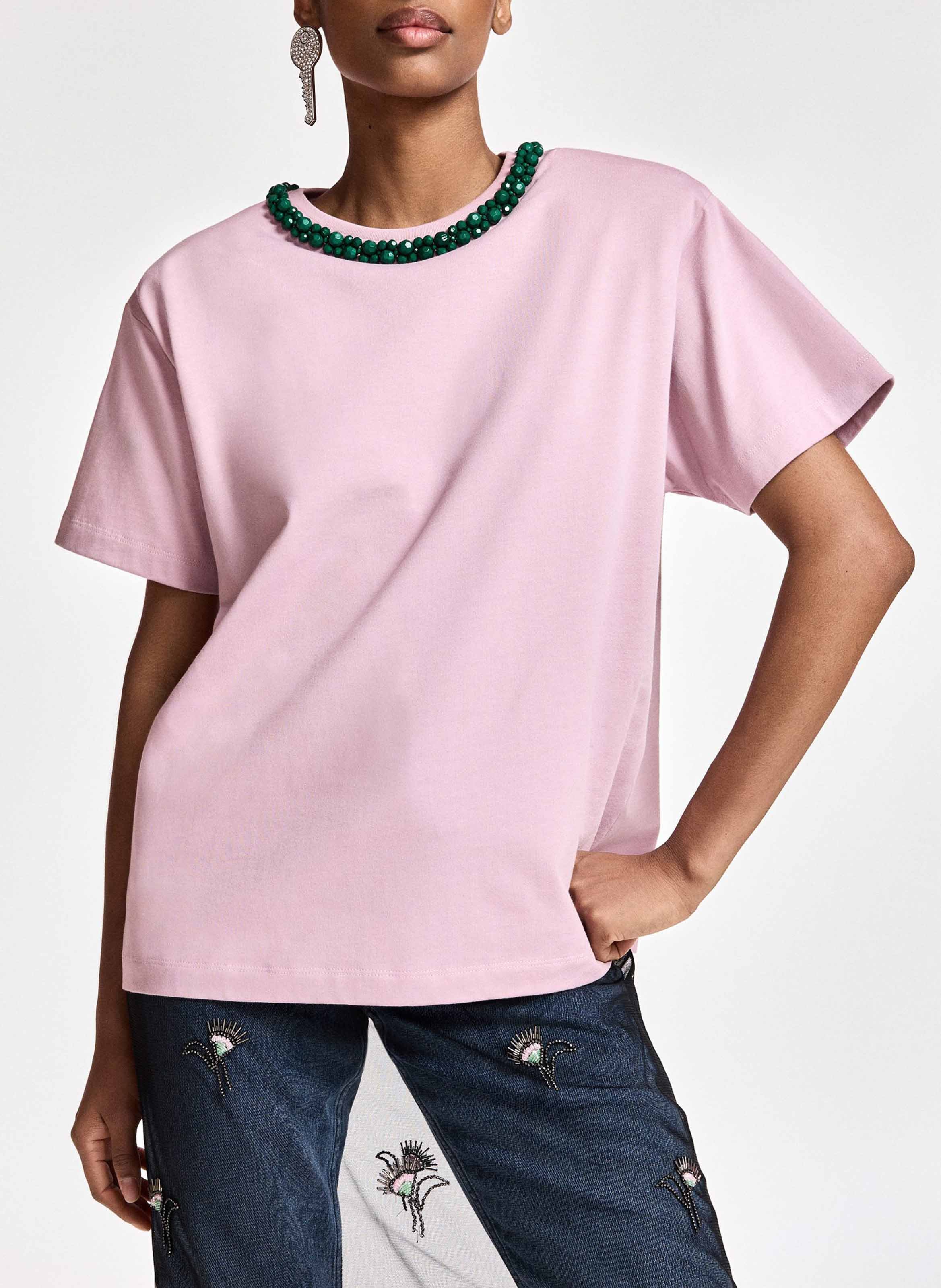 Recht T-shirt met parels van biologisch katoen ESSENTIEL ANTWERP Roze