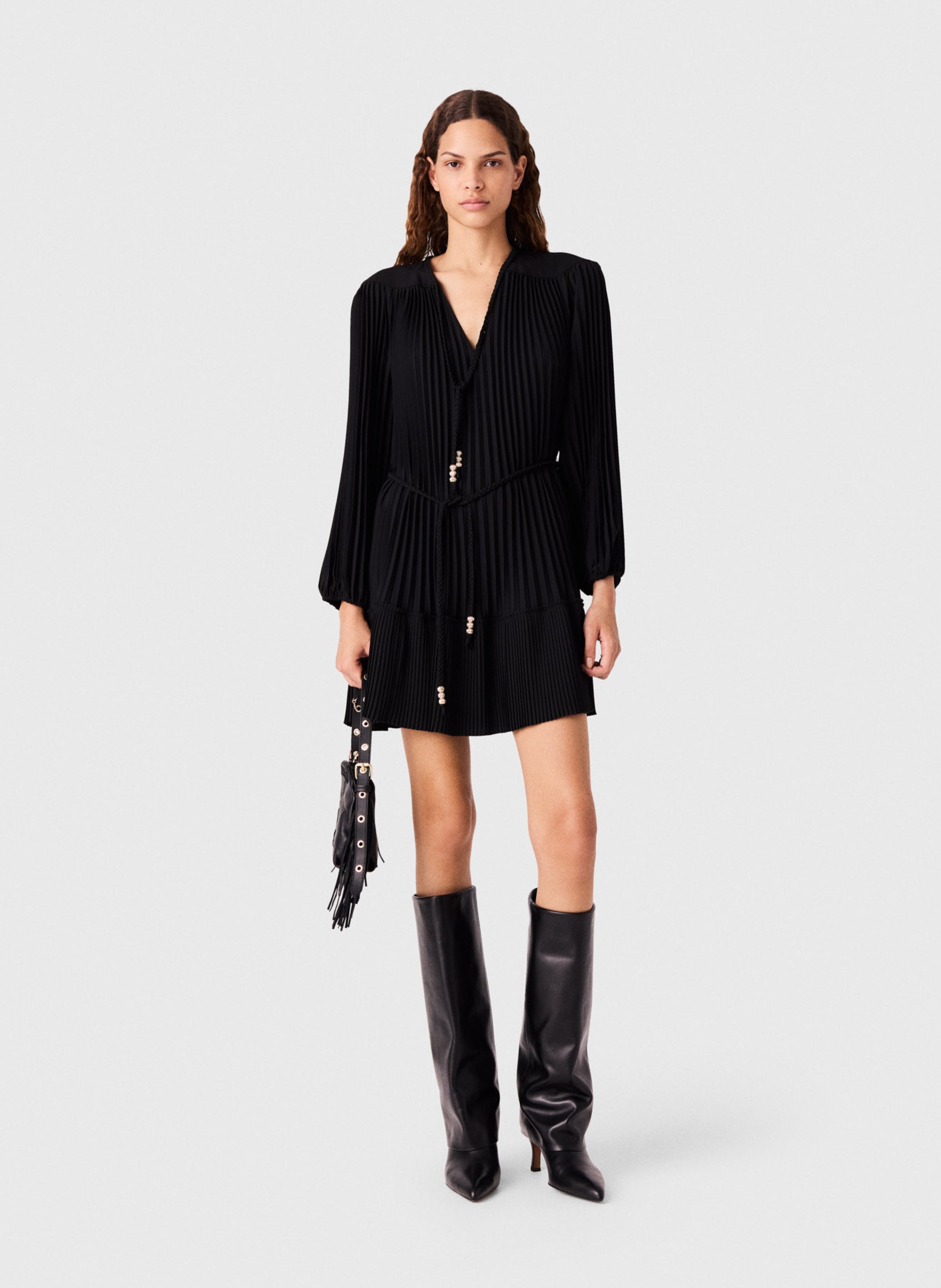 Short pleated V-neck dress MAJE Black
