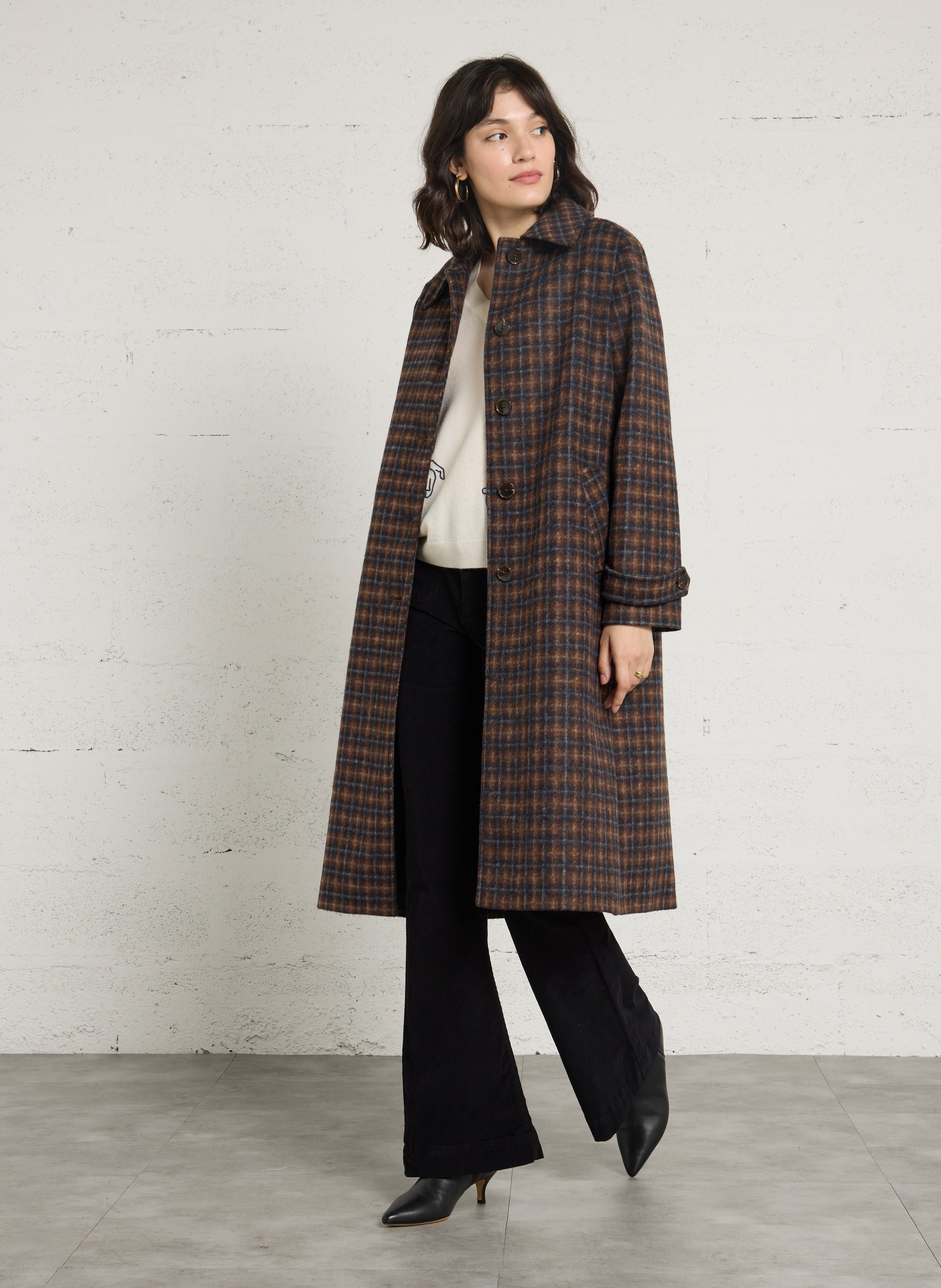 Long straight checked coat MAISON 123 Brown