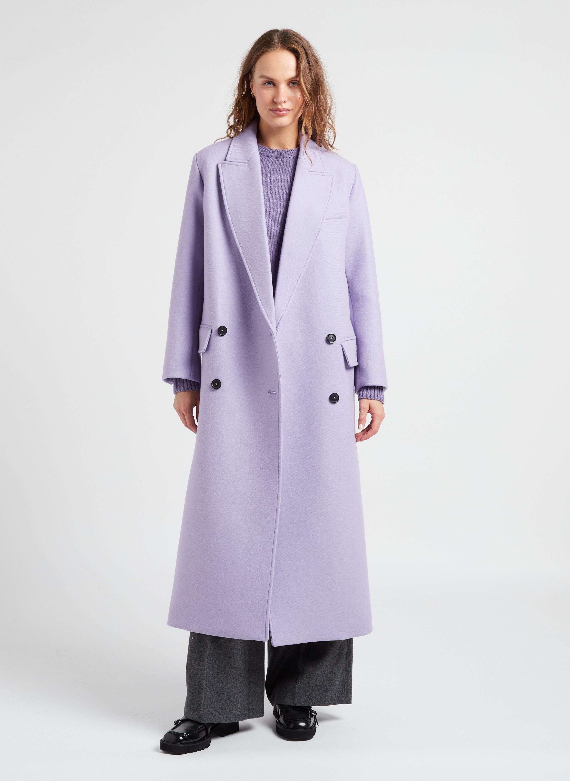 Purple Long virgin wool-blend coat with tailored collar