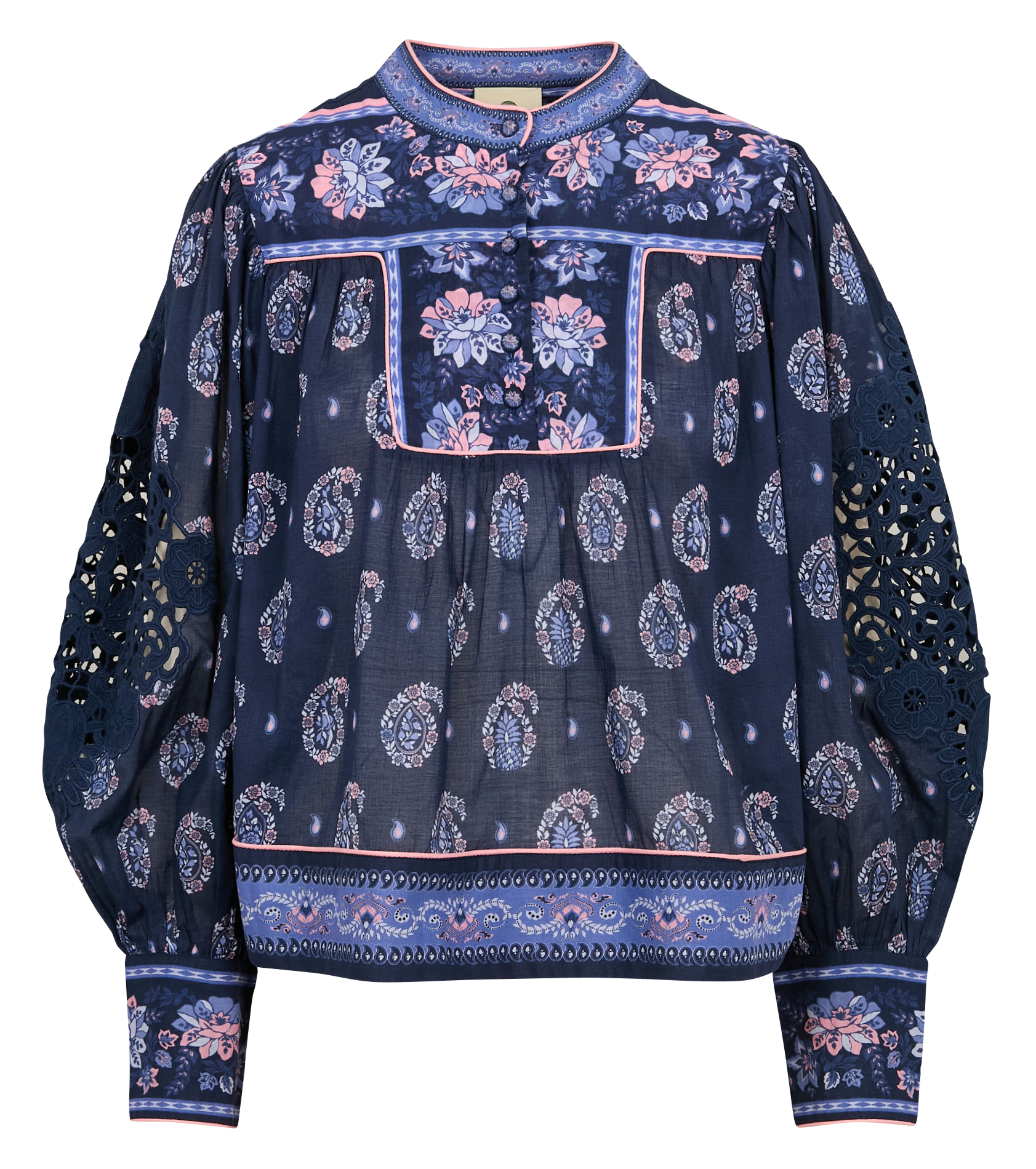 Straight high-neck cotton printed blouse FARM RIO Blue