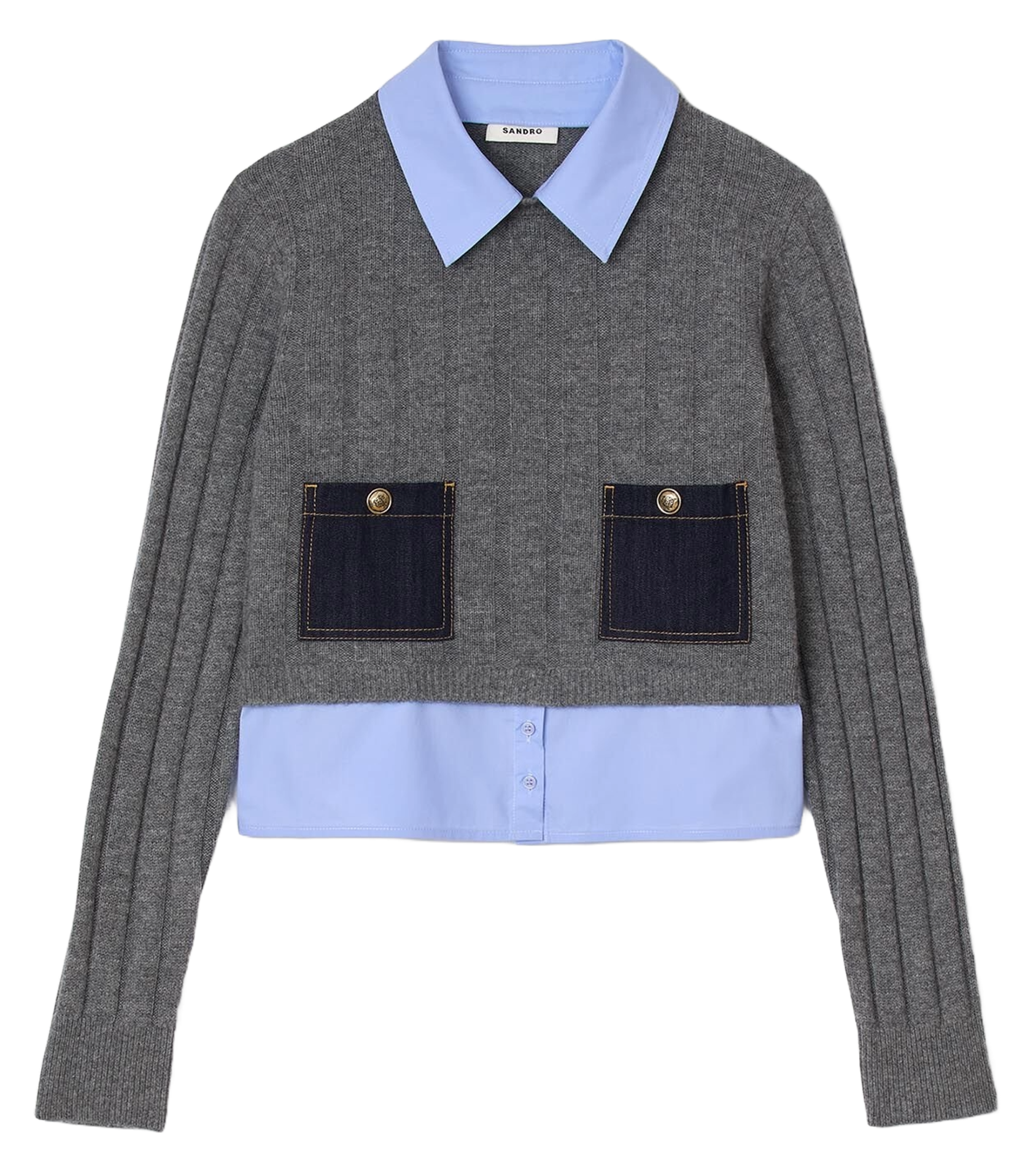 Pull col classique droit en laine et cachemire  SANDRO Gris