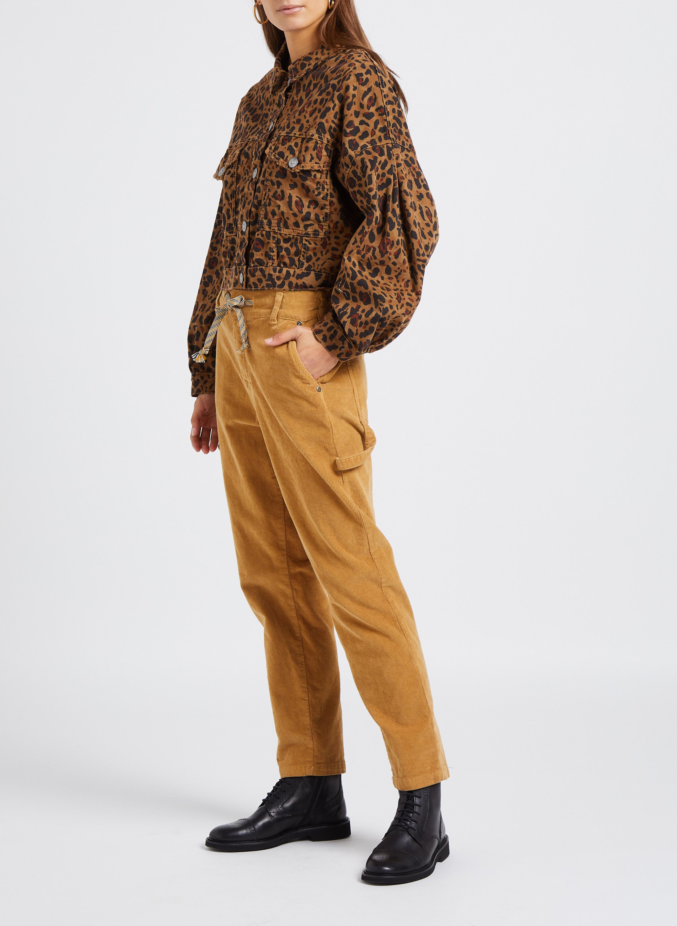 Cropped leopard print cotton jacket Beige