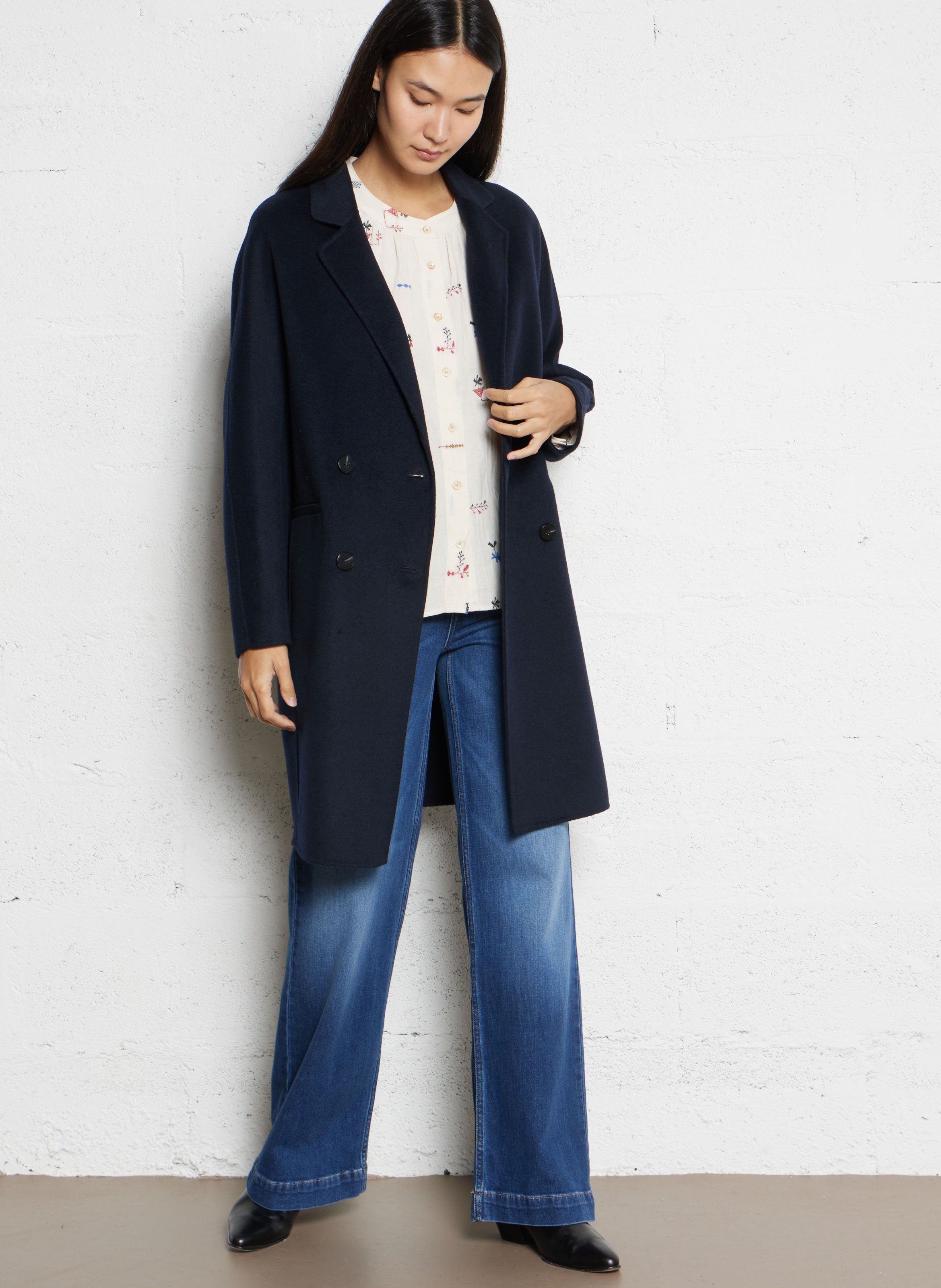 Mid-length solid color buttoned coat in mixed wool MAISON 123 Blue