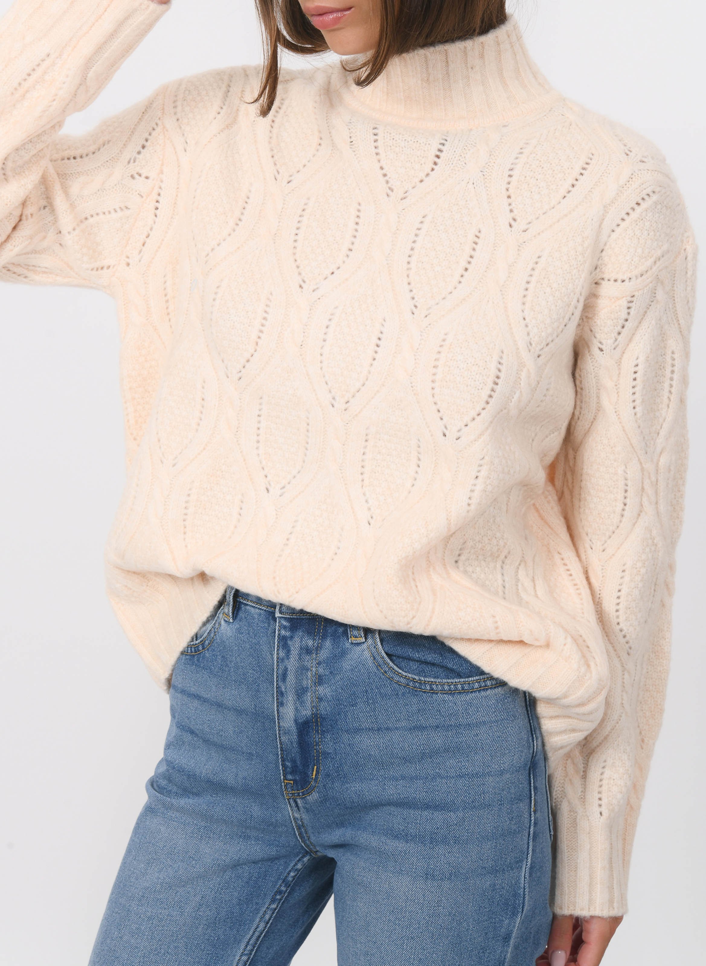 Pull droit col montant en maille torsadée KOOKAI Beige