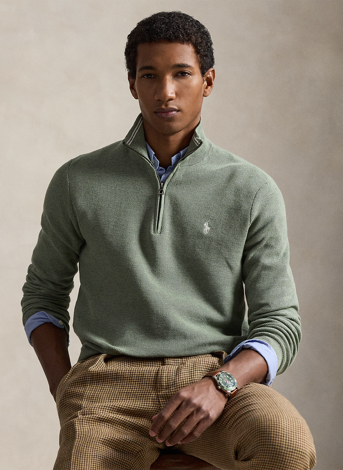 Pull col montant zippé en coton piqué POLO RALPH LAUREN Vert