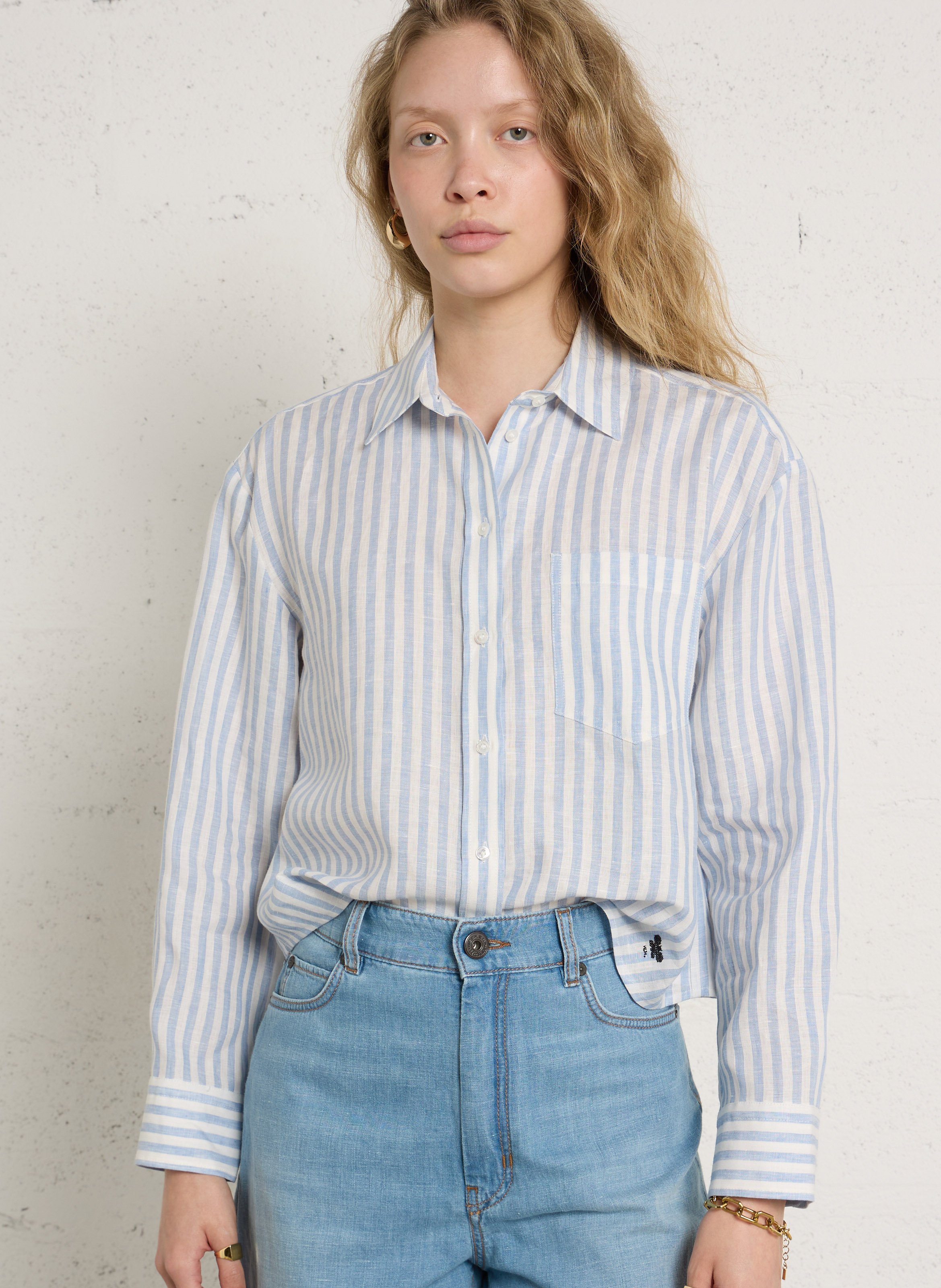 Loose short linen shirt with stripes MAX MARA WEEK END Blue