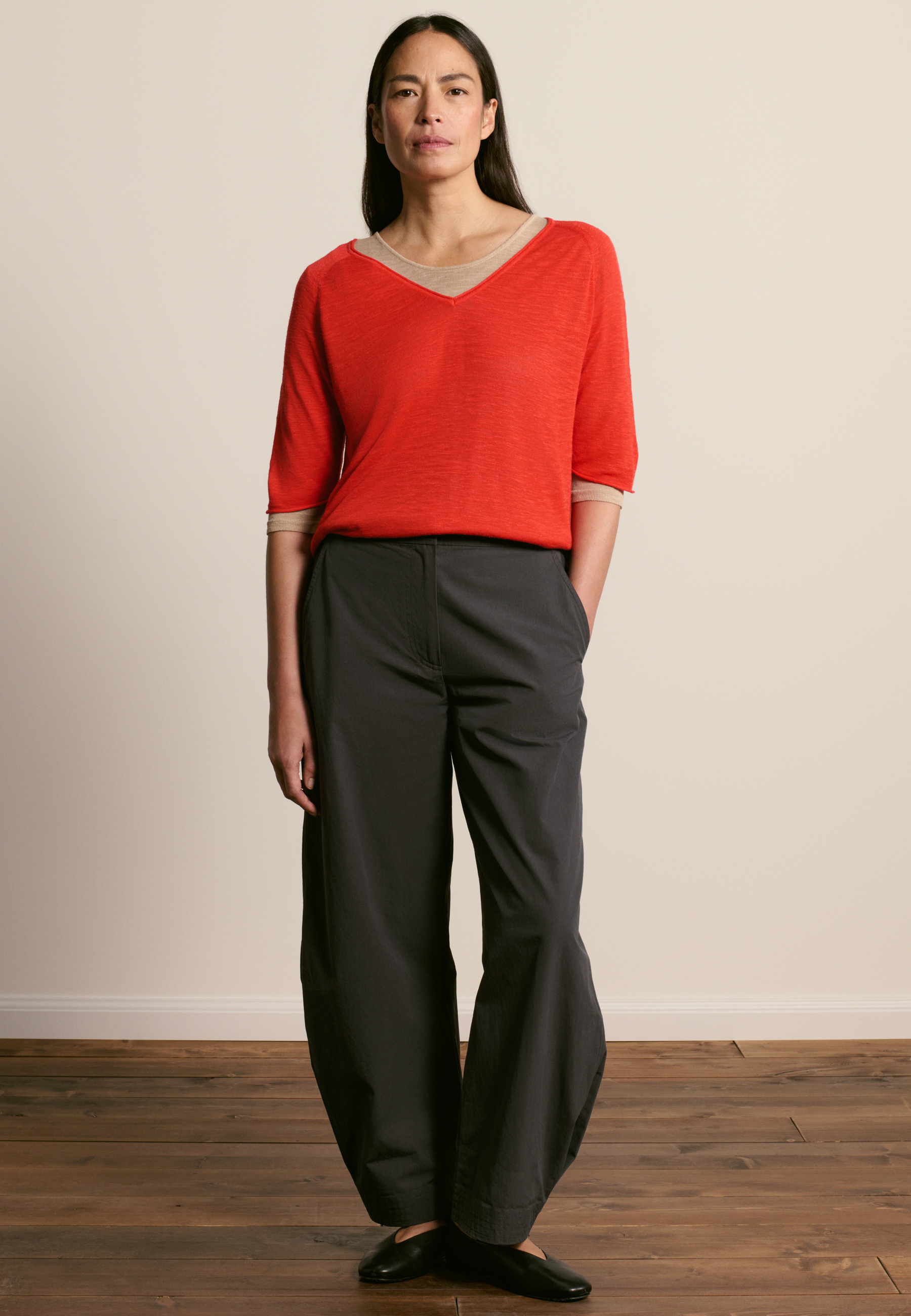 T-shirt col v en lin flammé MAISON MONTAGUT Rouge