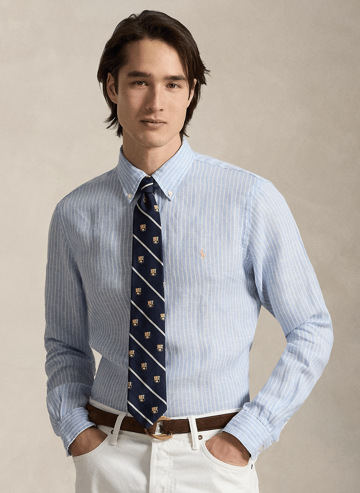 Chemise droite col classique en lin rayé POLO RALPH LAUREN Bleu