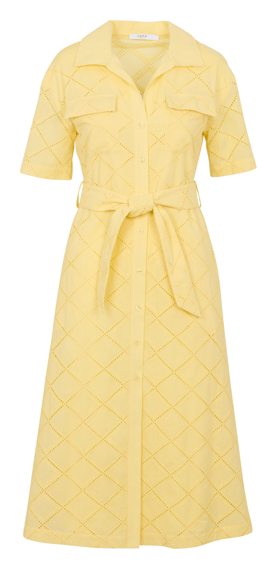 Midi dress with classic collar embroidery. ZAPA Yellow
