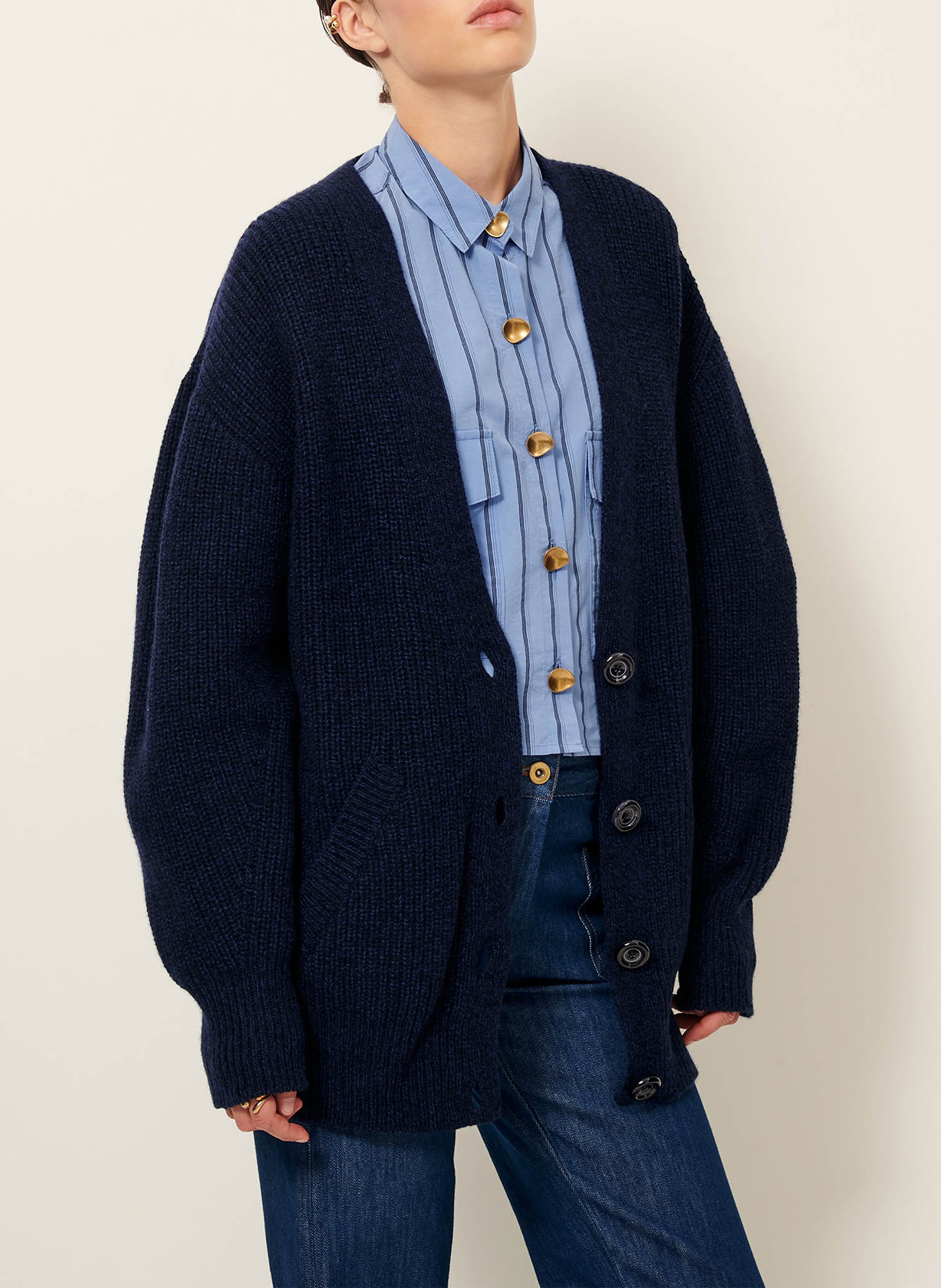 Gestreept vest van wol en kasjmier met V-hals SESSUN Blauw