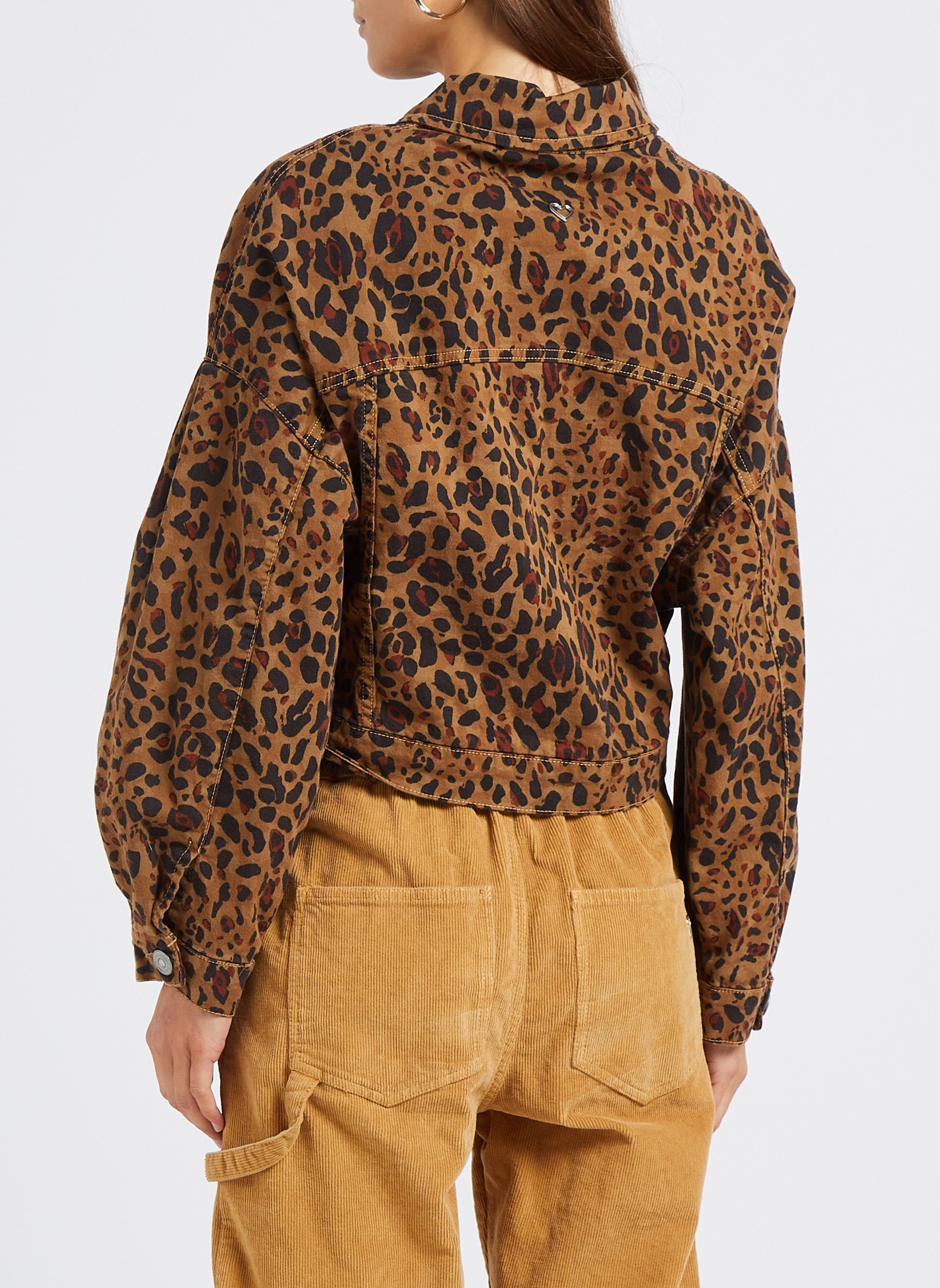 Cropped leopard print cotton jacket Beige