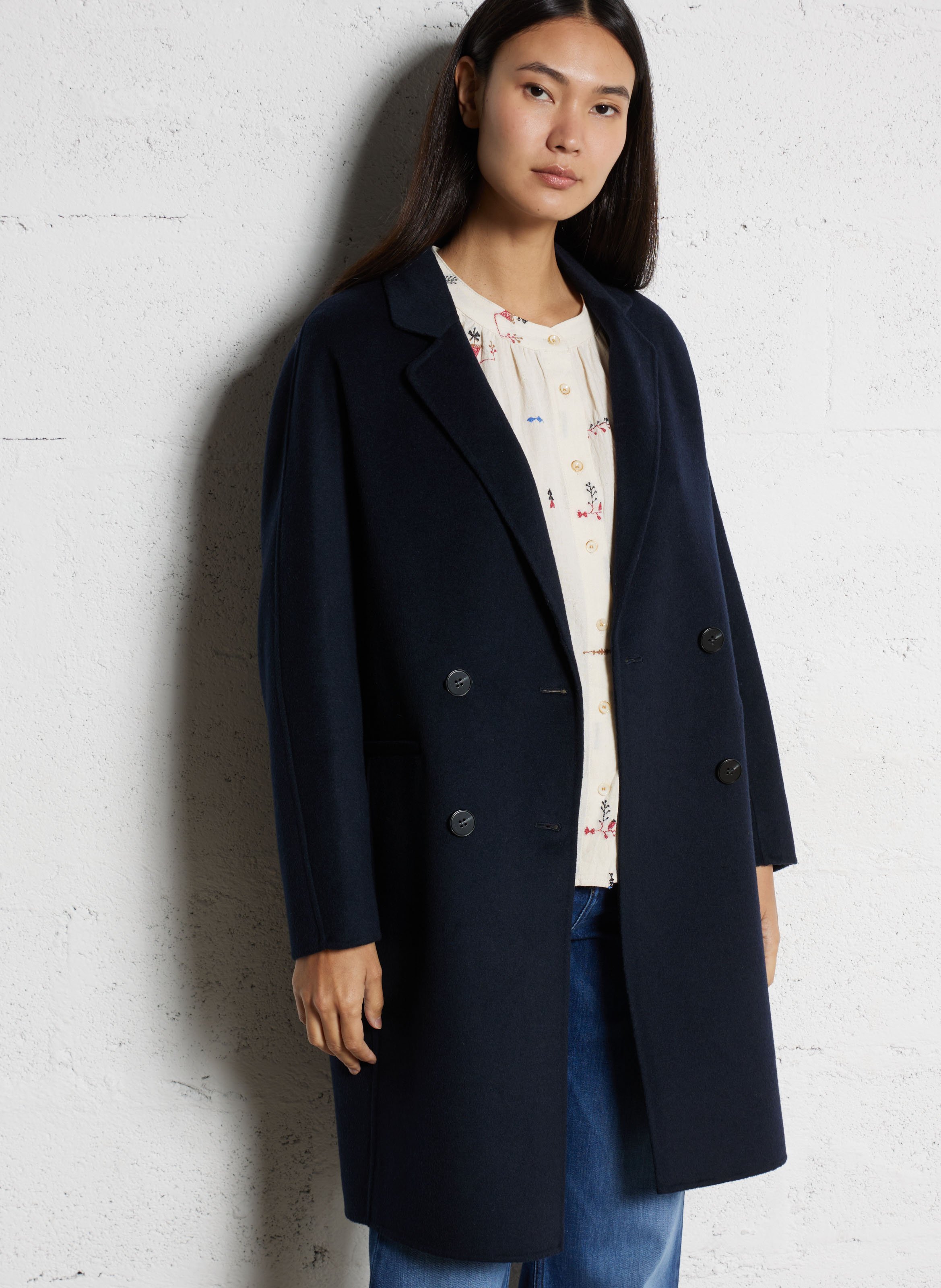 Mid-length solid color buttoned coat in mixed wool MAISON 123 Blue