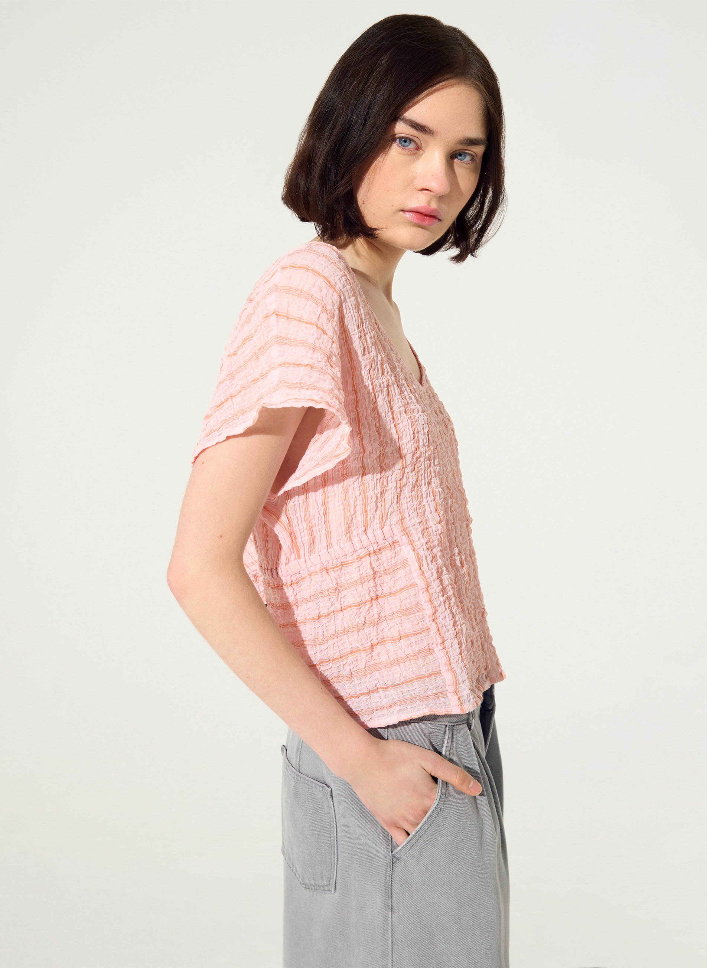 Top col v imprimé en coton COTELAC ACOTE Rose