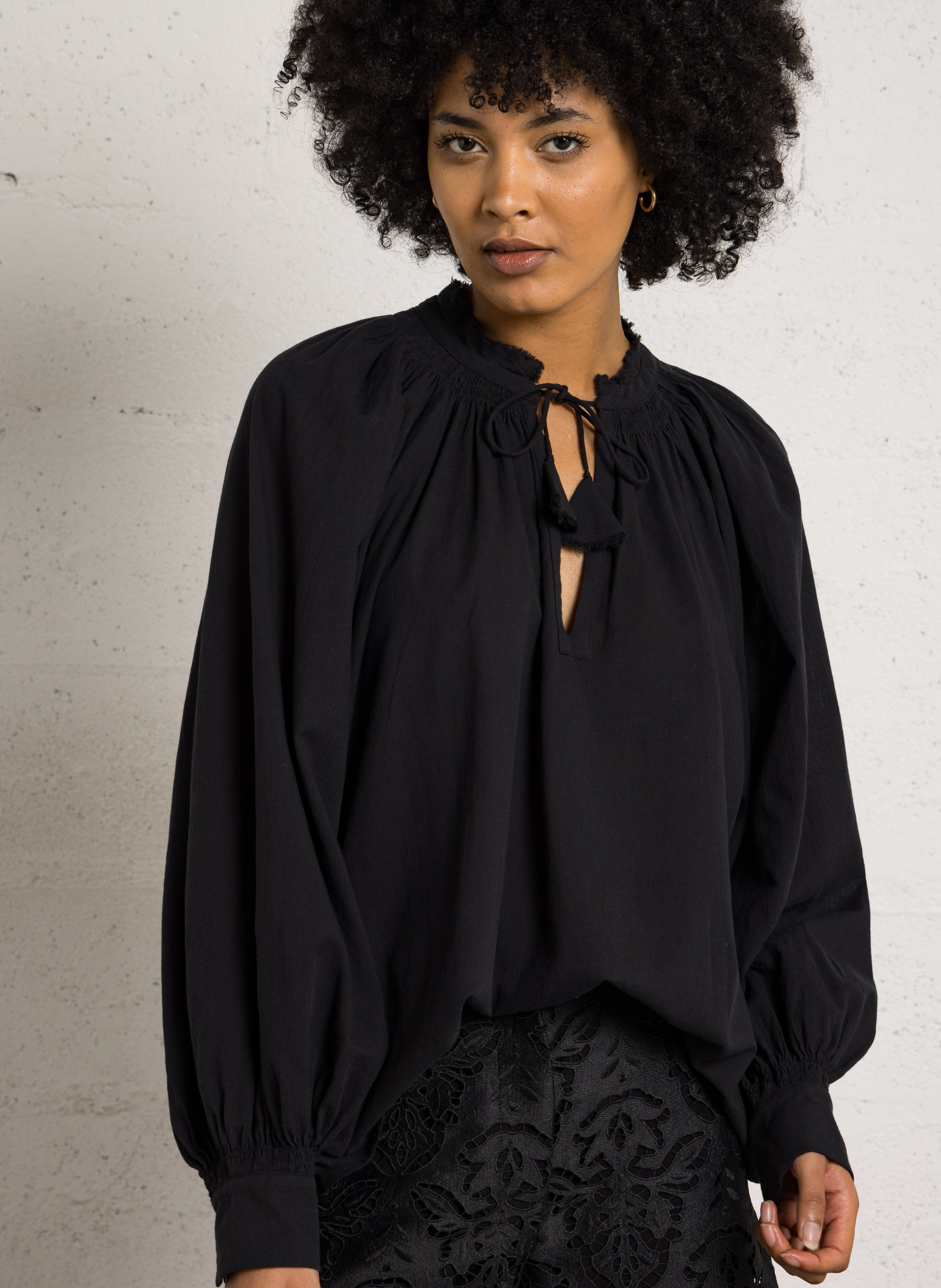 Katoenen blouse met tuniekhals BERENICE Zwart