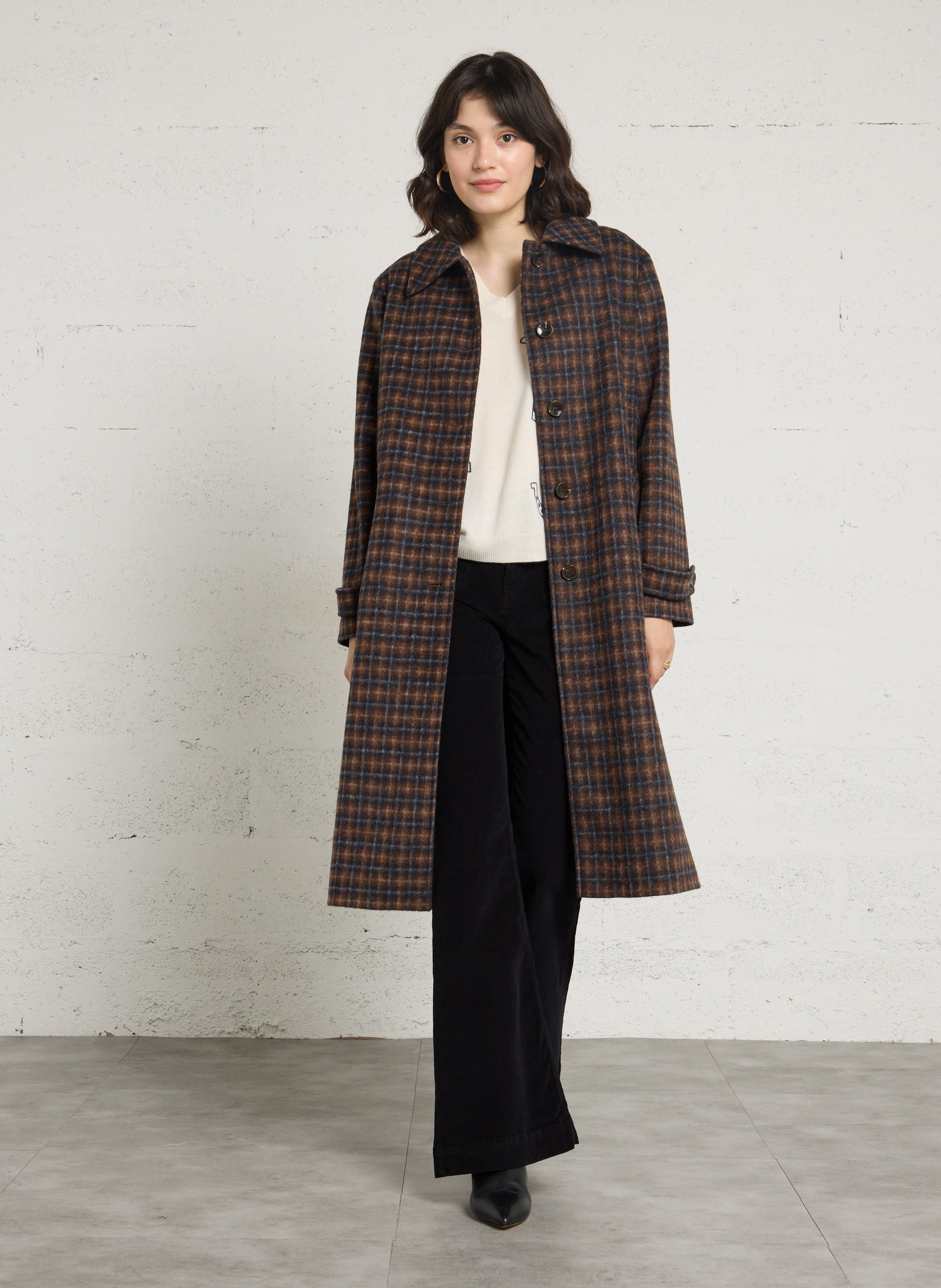 Long straight checked coat MAISON 123 Brown