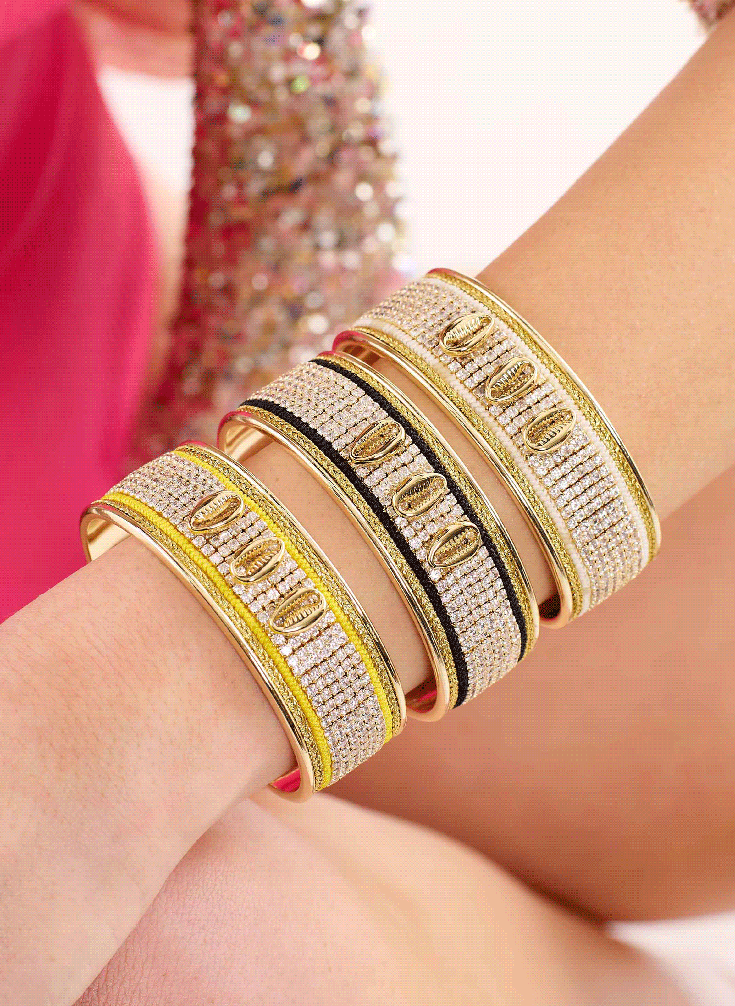 Adjustable bangle bracelet with seashells and rhinestones HIPANEMA Yellow