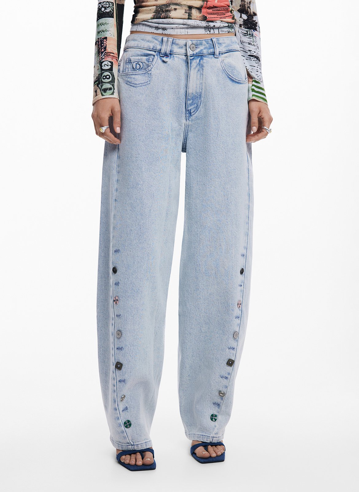 Jean large ballon délavé à boutons DESIGUAL Bleu
