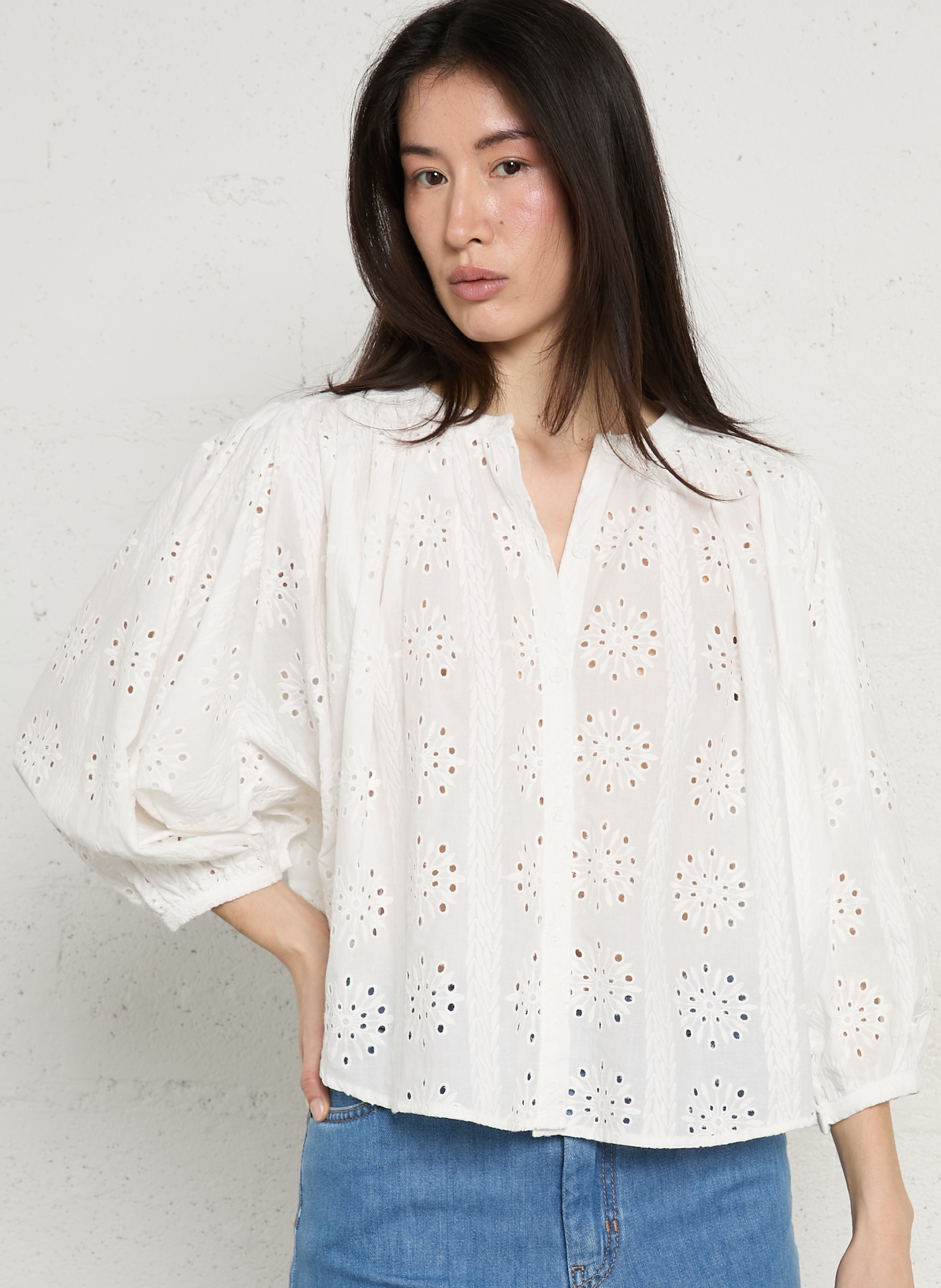 Loose-fit cotton shirt with mandarin collar SEE U SOON White
