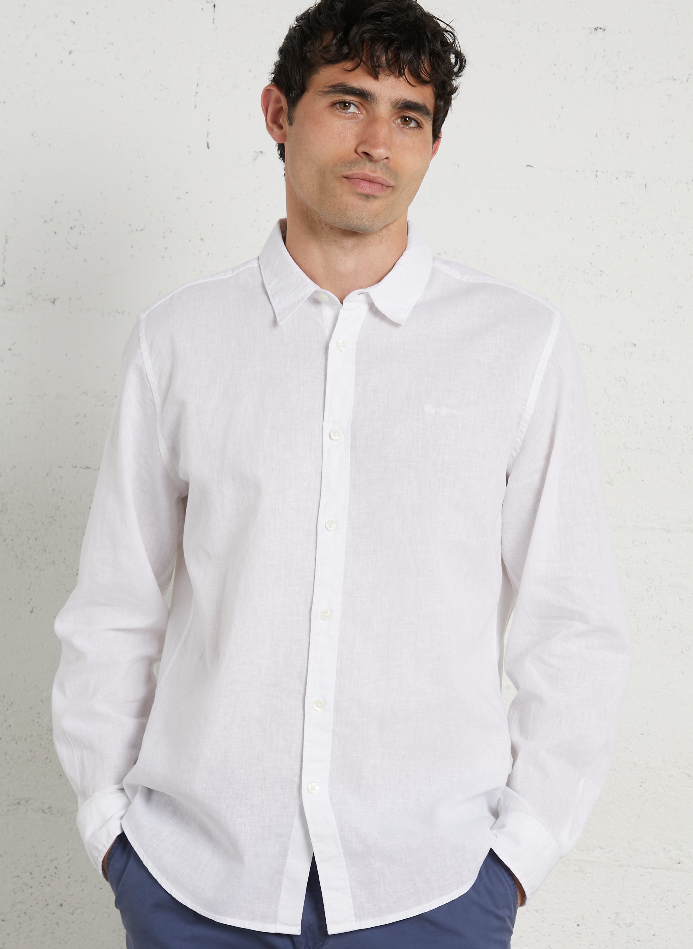 Chemise droite col classique en lin et coton mélangé PEPE JEANS Blanc