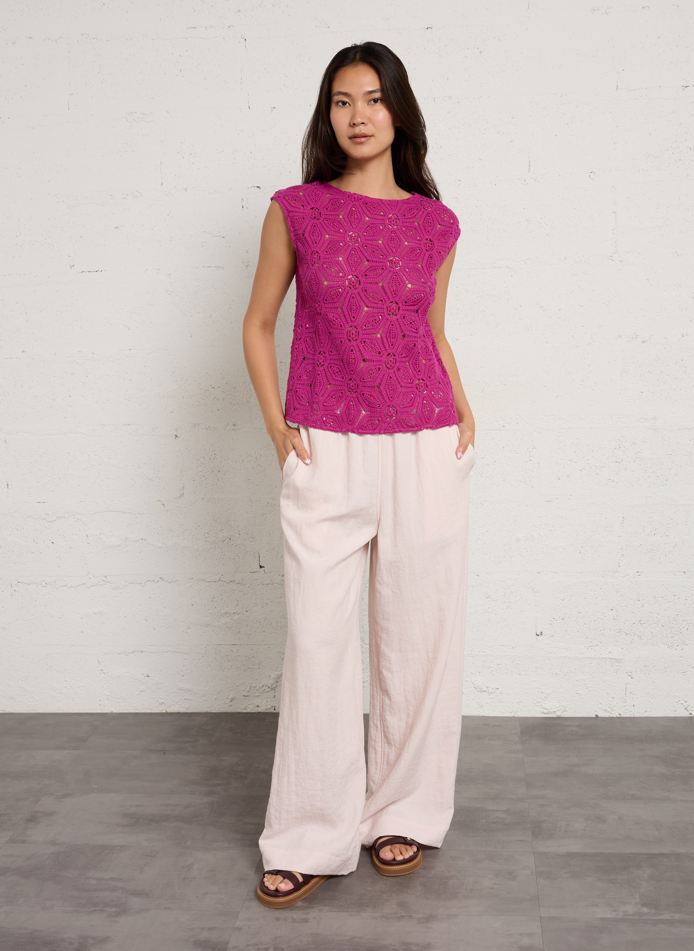 Top col rond en crochet SUD EXPRESS Rose