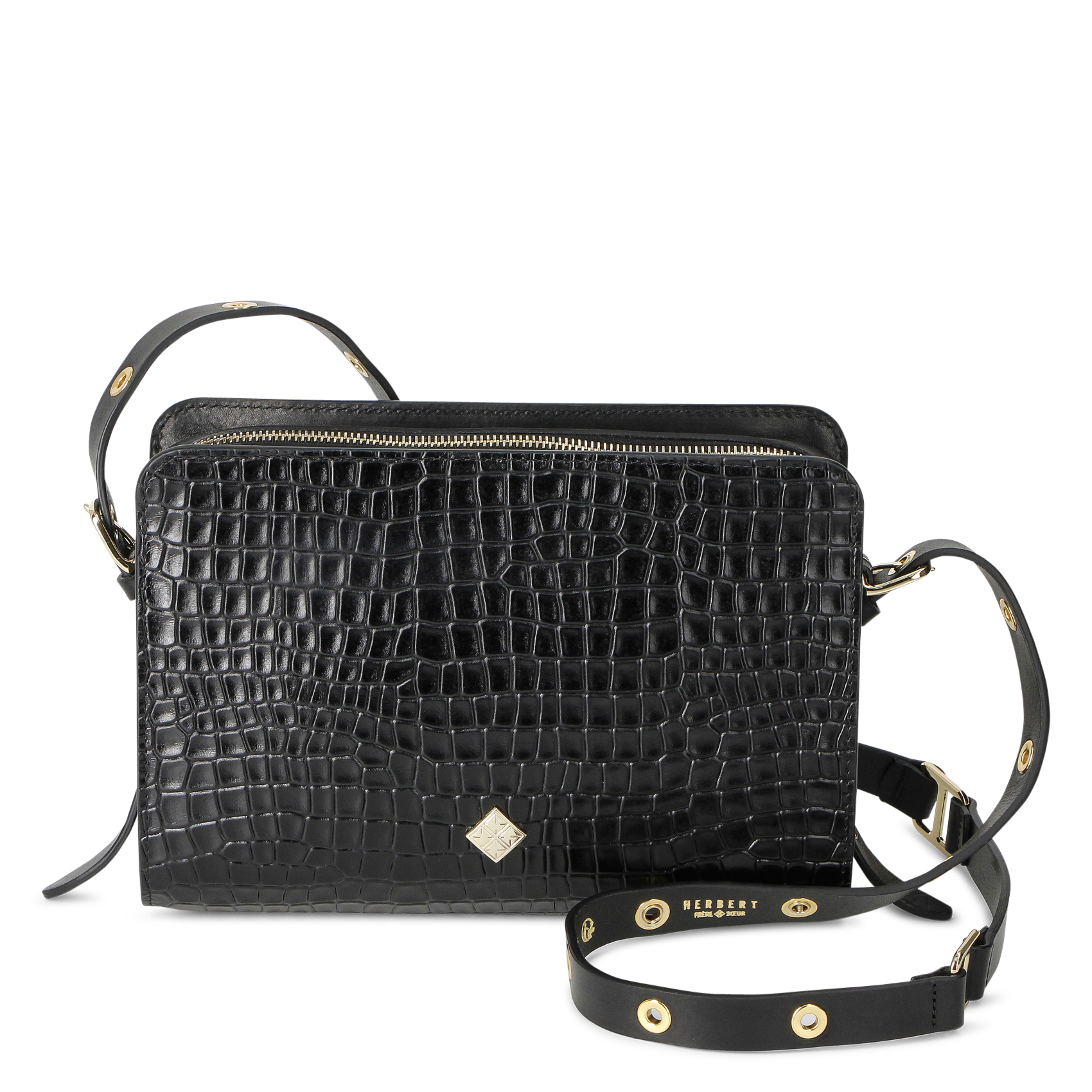 Sac bandoulière effet croco en cuir HERBERT FRERE SOEUR Noir