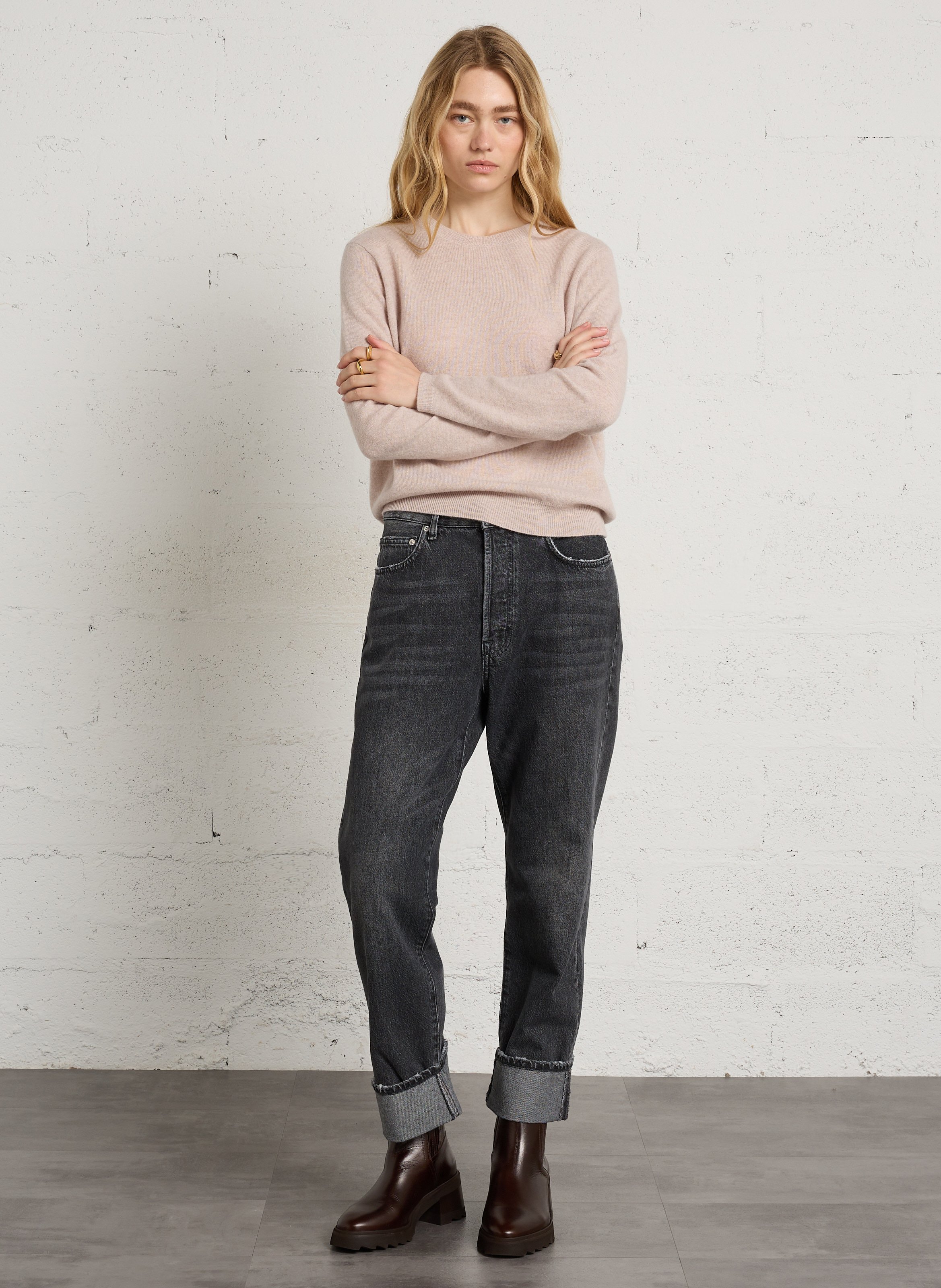 Oversized round-neck wool sweater with studs BERENICE Beige