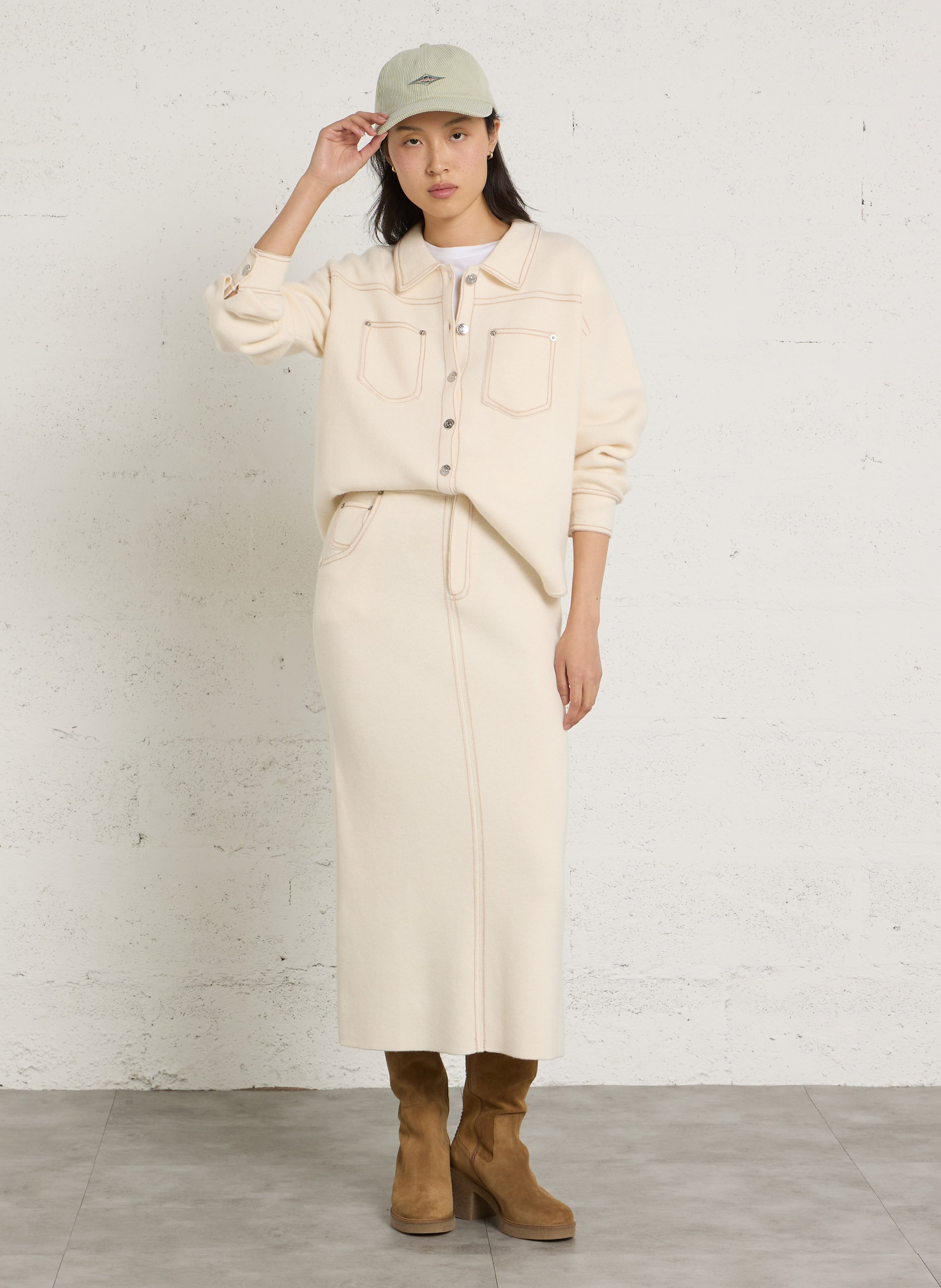 Midirok van wol met sierstiksels BERENICE Wit