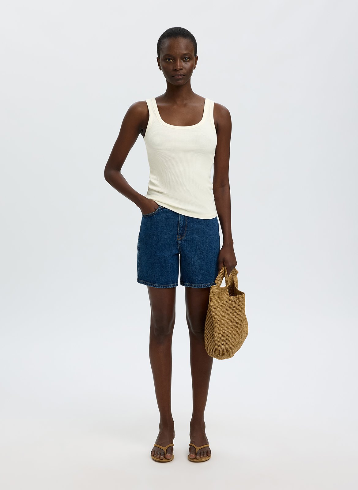 Débardeur droit col rond en coton bio mélangé SELECTED Blanc