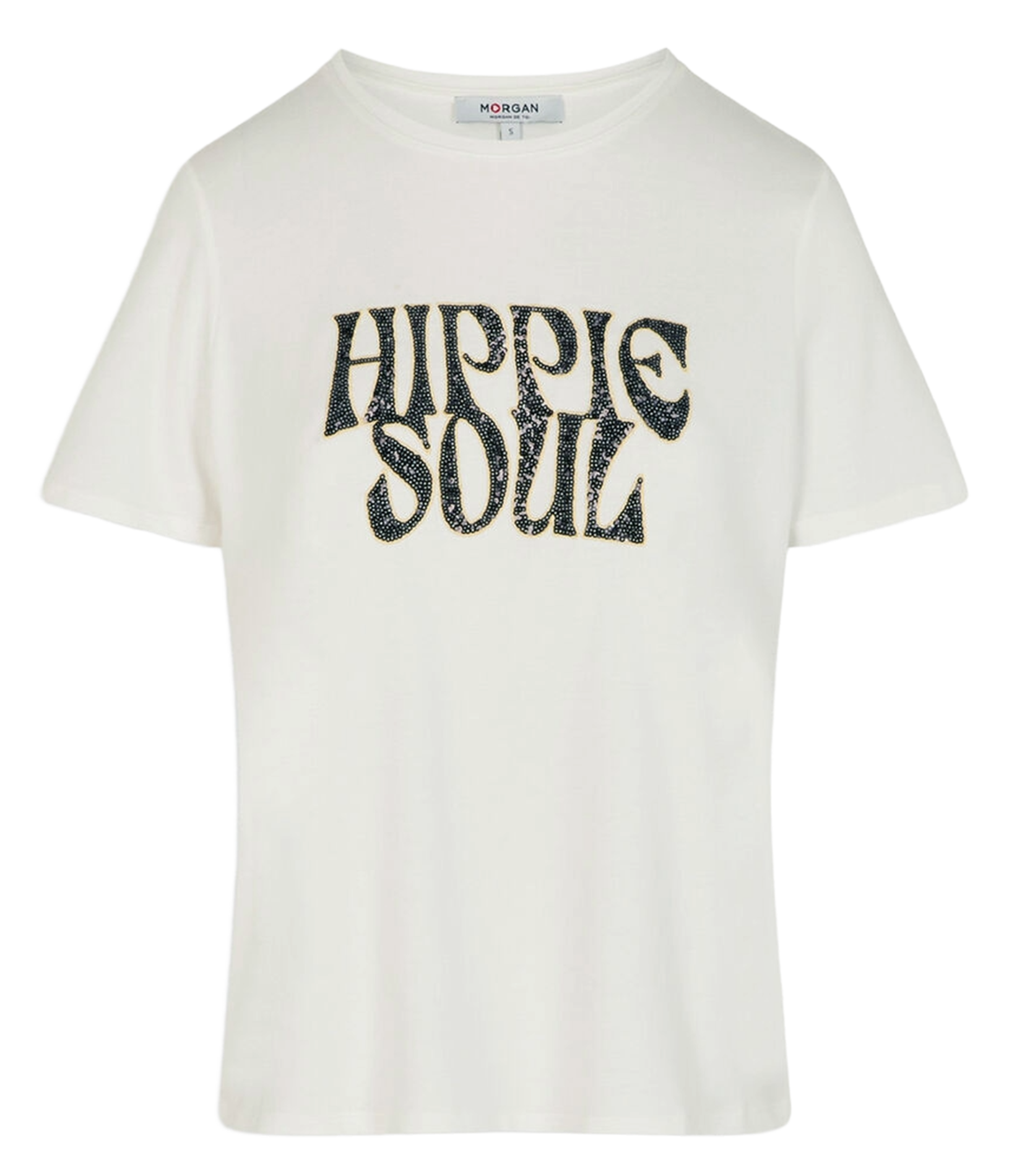 Straight round neck T-shirt with rhinestones MORGAN White