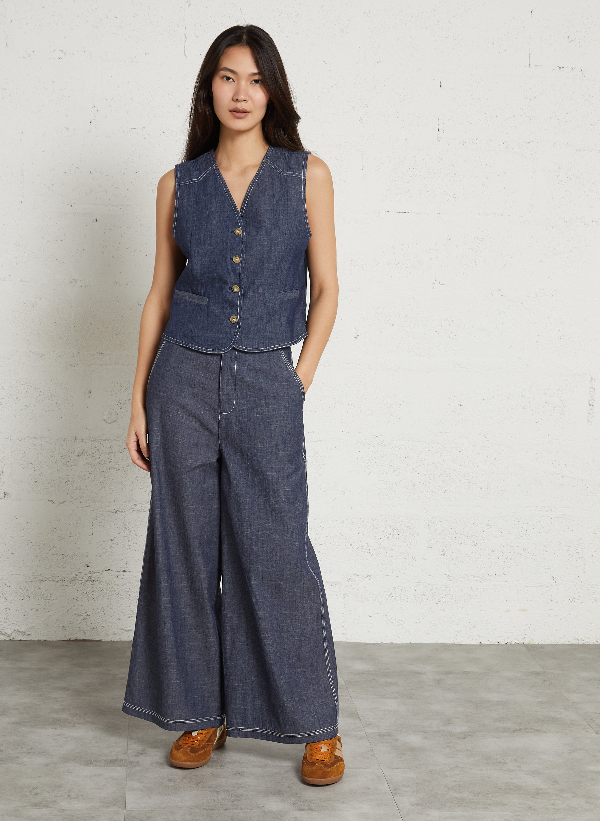 Pantalon large en denim surpiqué THE KORNER Bleu