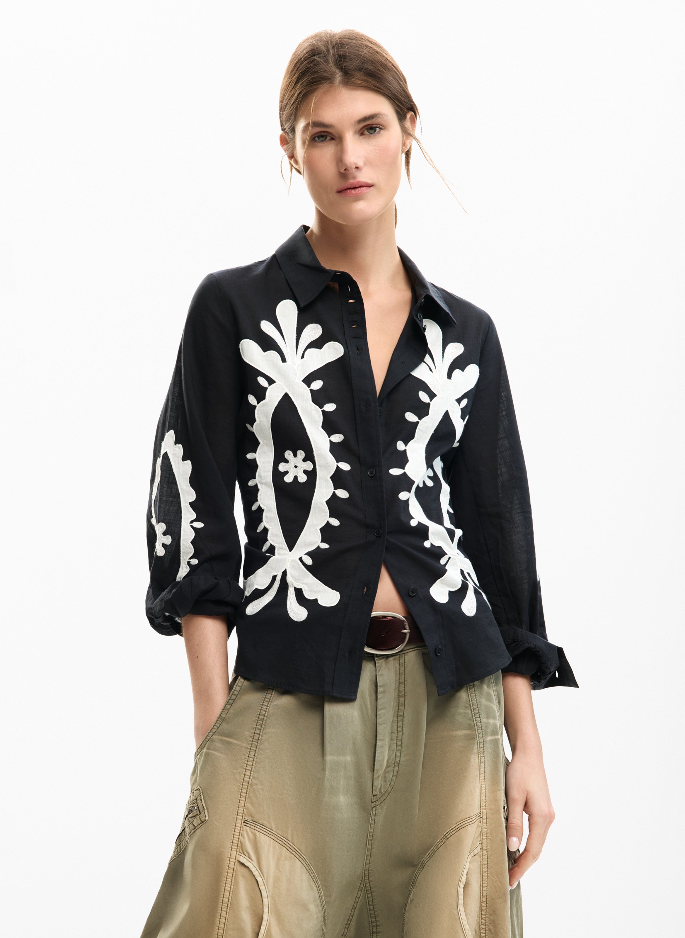 Embroidered balloon sleeve shirt DESIGUAL Black