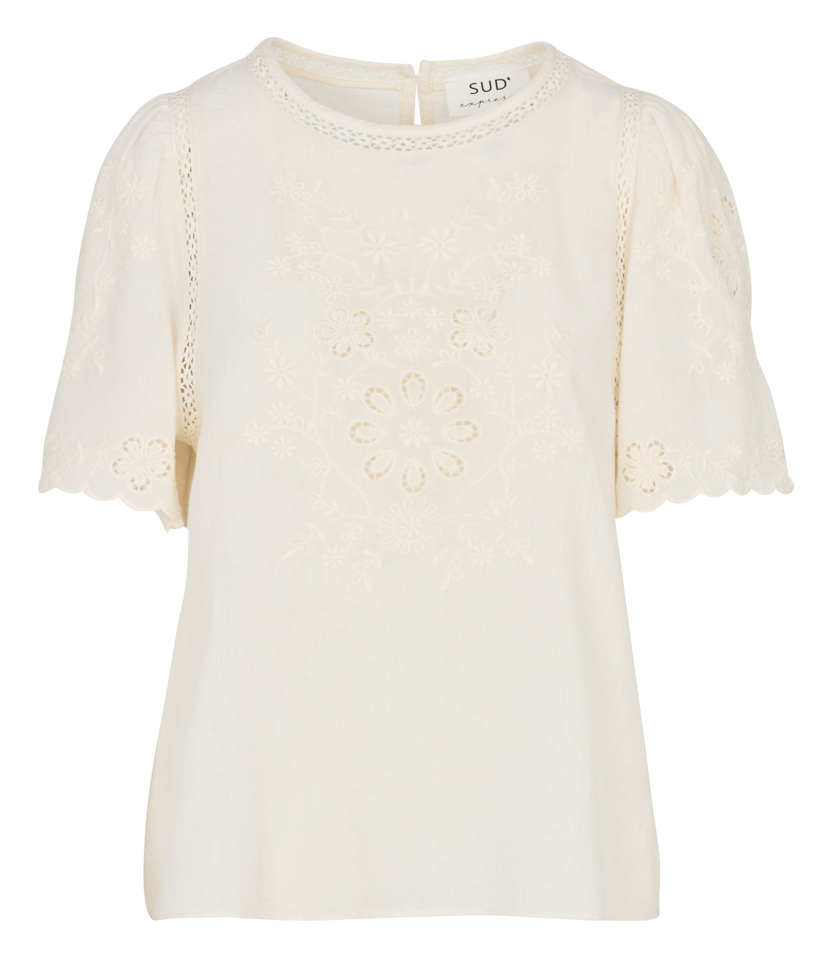 Wijde katoenen top met ronde, geborduurde hals SUD EXPRESS