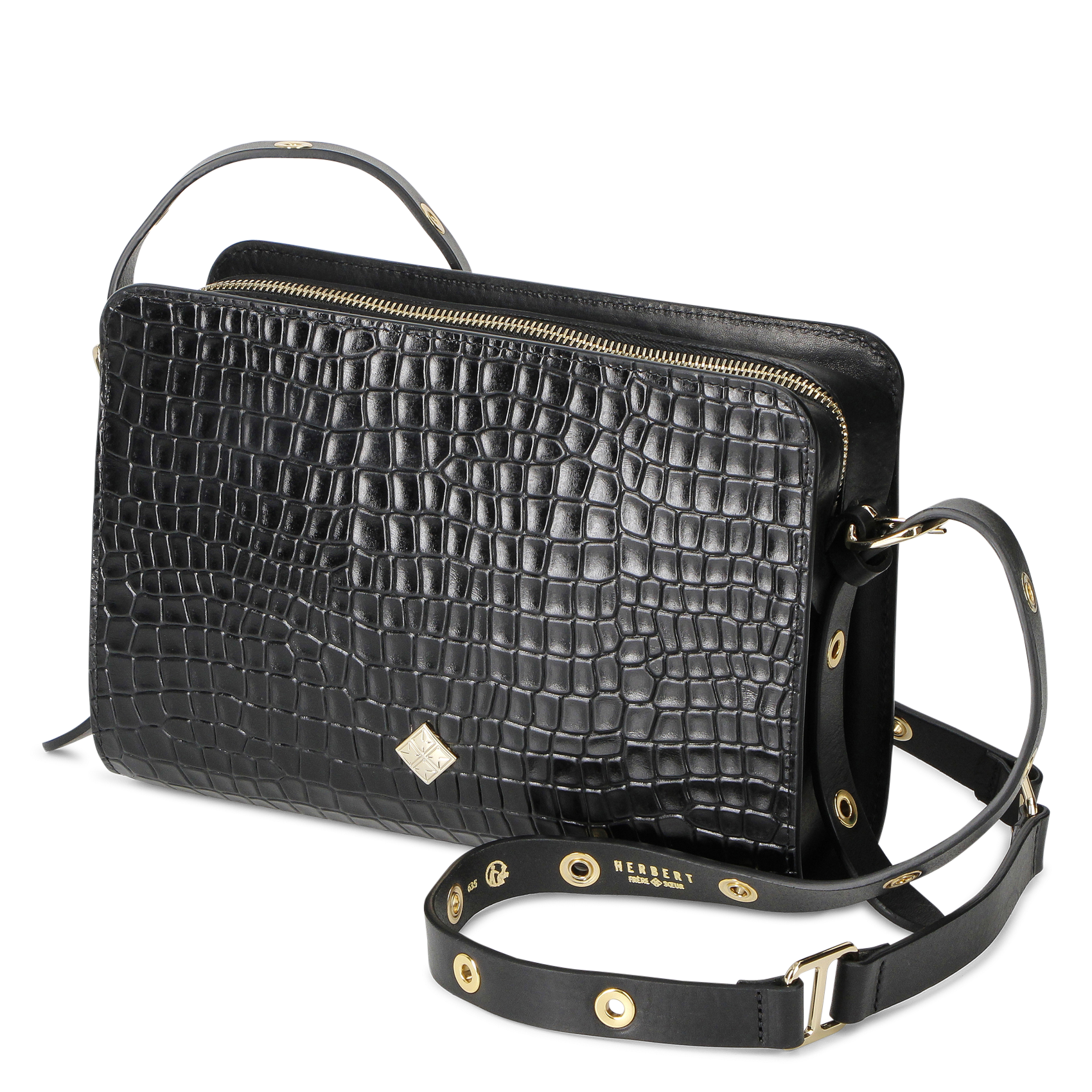 Sac bandoulière effet croco en cuir HERBERT FRERE SOEUR Noir
