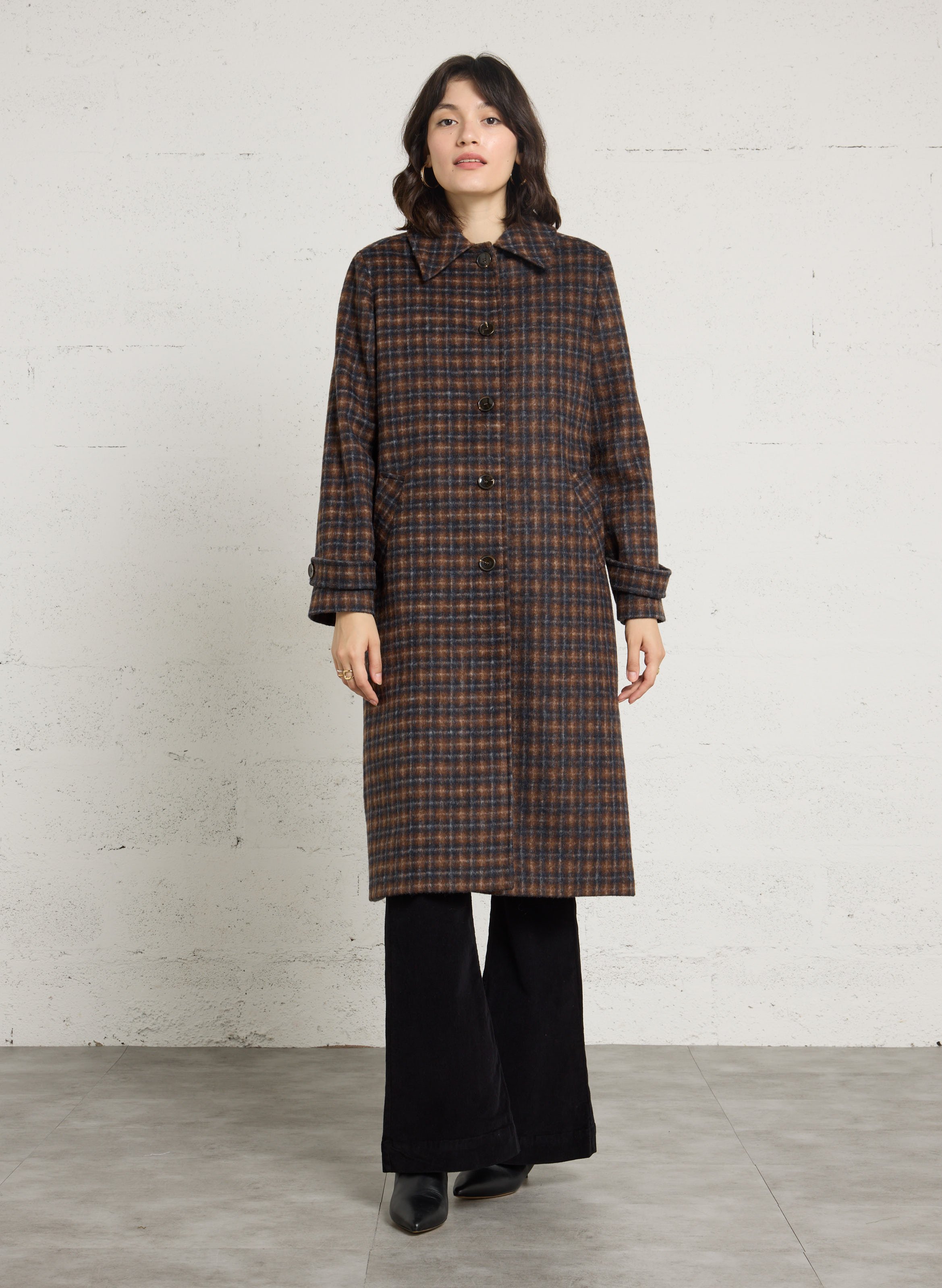 Long straight checked coat MAISON 123 Brown
