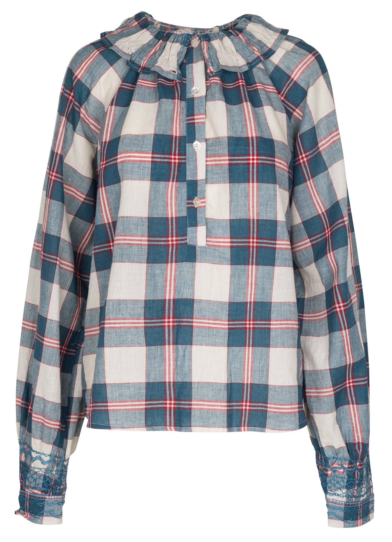 Rechte blouse met Peter Pan-kraag in ruitjespatroon V DE VINSTER Blauw