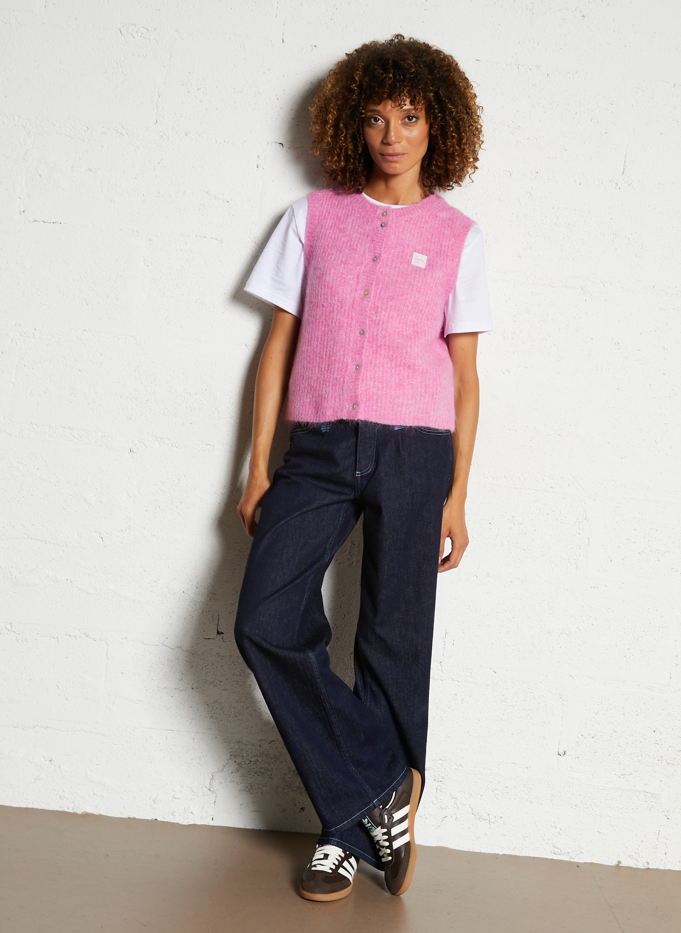 Sleeveless fluffy knit buttoned cardigan AMERICAN VINTAGE Pink