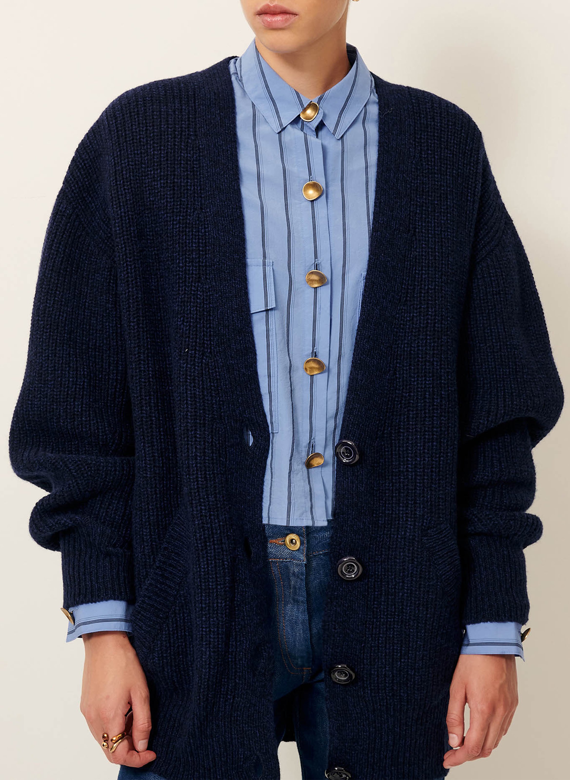 Gestreept vest van wol en kasjmier met V-hals SESSUN Blauw