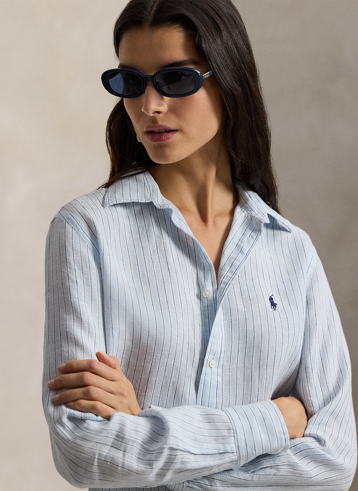 Recht, linnen overhemd met klassieke kraag Blauw