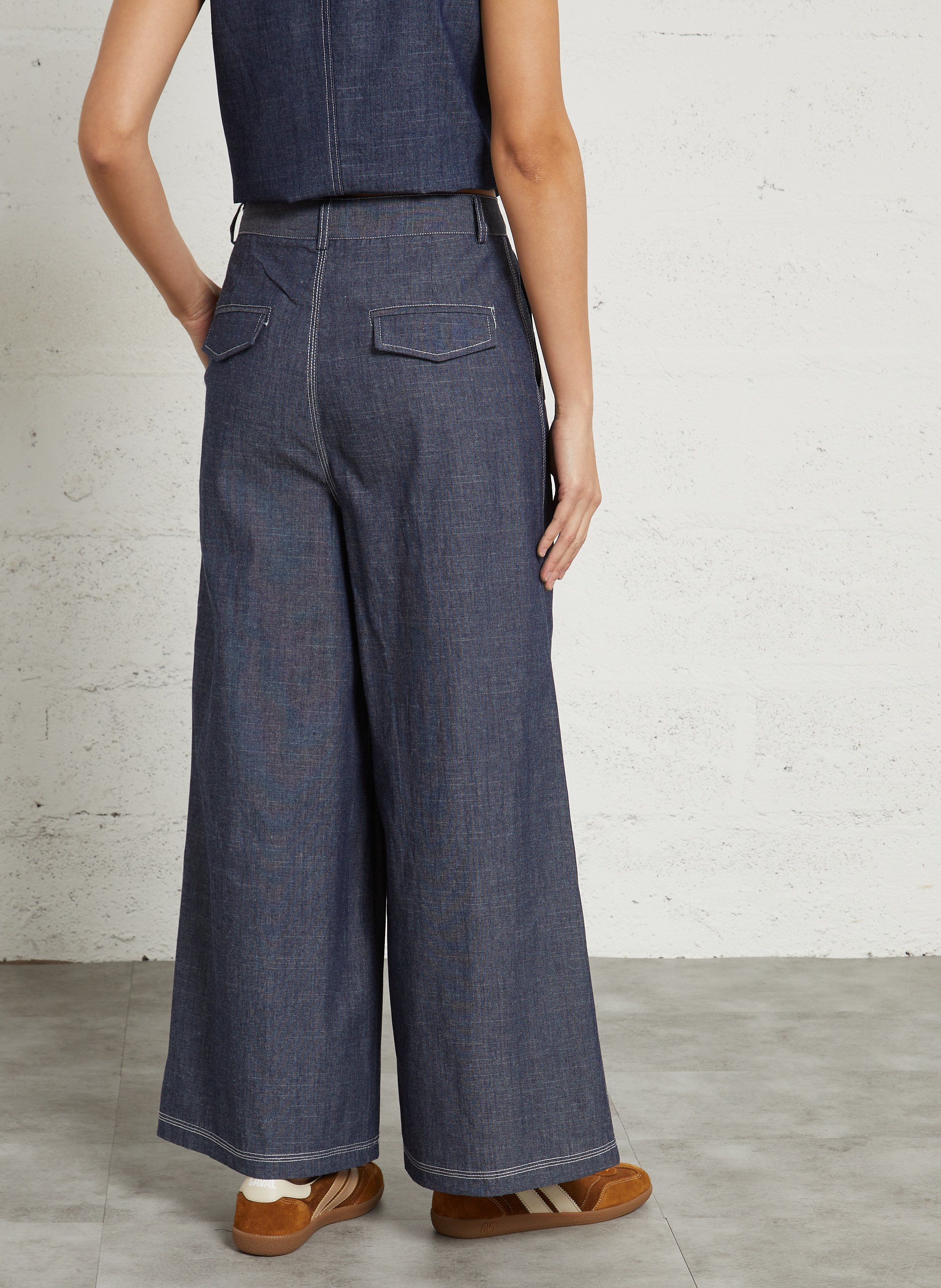 Pantalon large en denim surpiqué THE KORNER Bleu