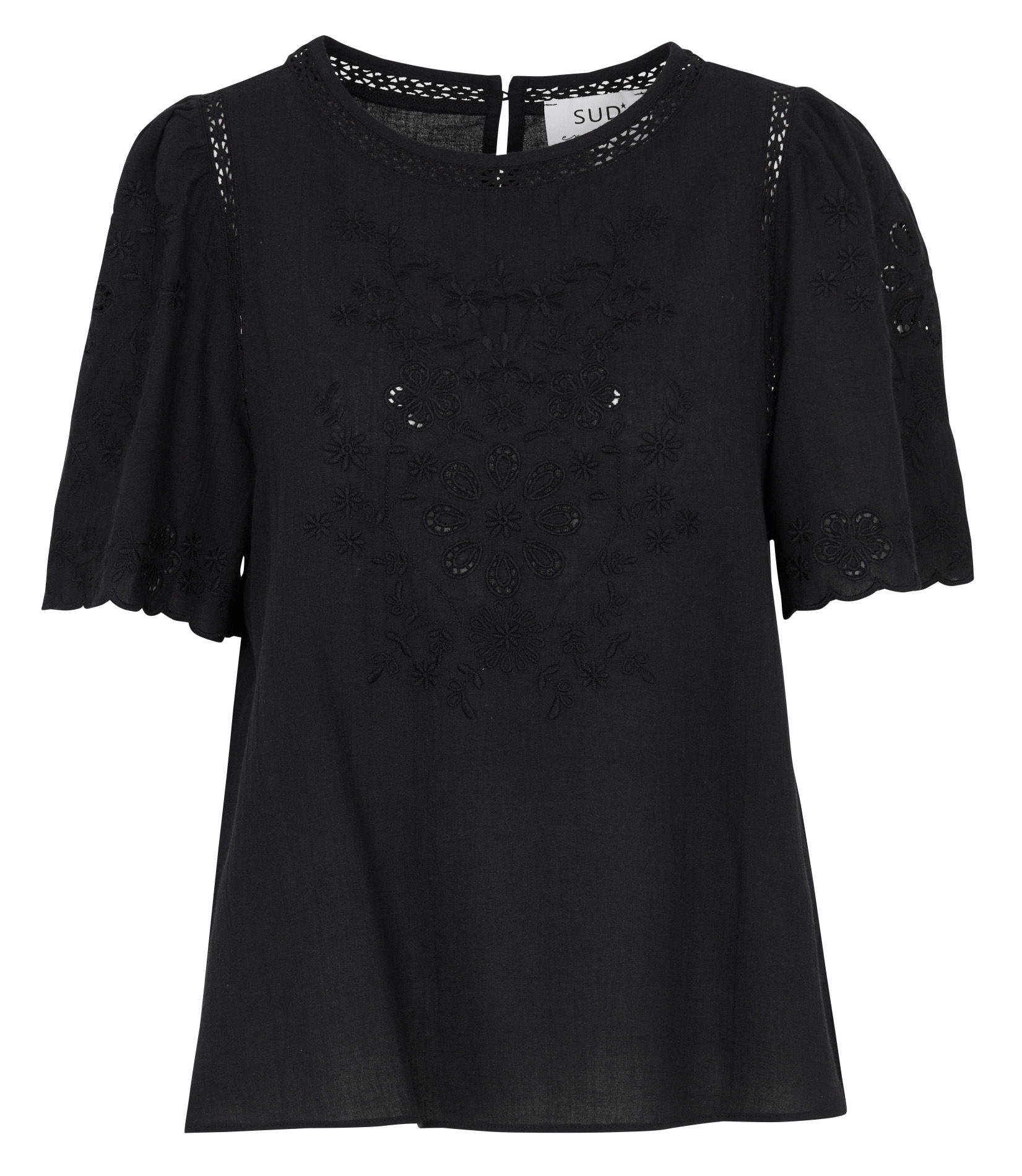 Wijde katoenen top met ronde, geborduurde hals SUD EXPRESS Zwart