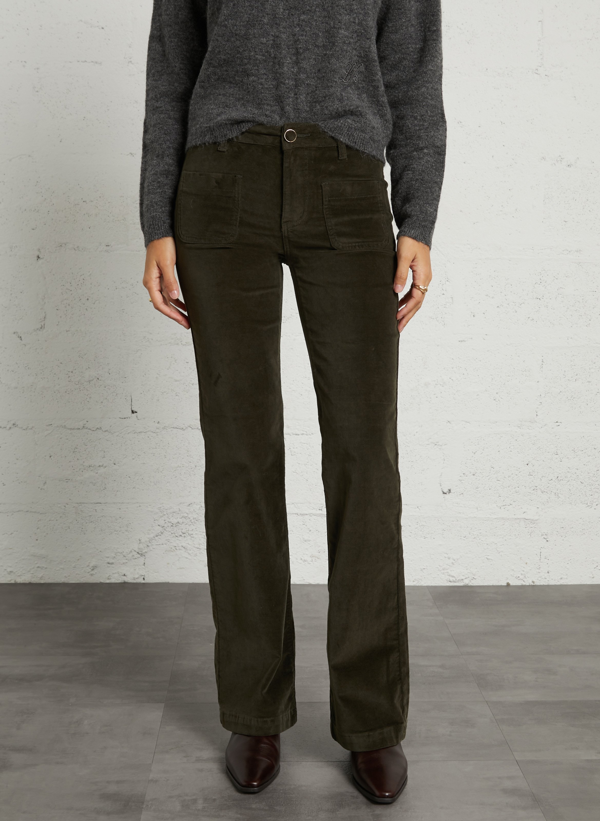 Pantalon flare taille haute en coton mélangé LA PETITE ETOILE Kaki