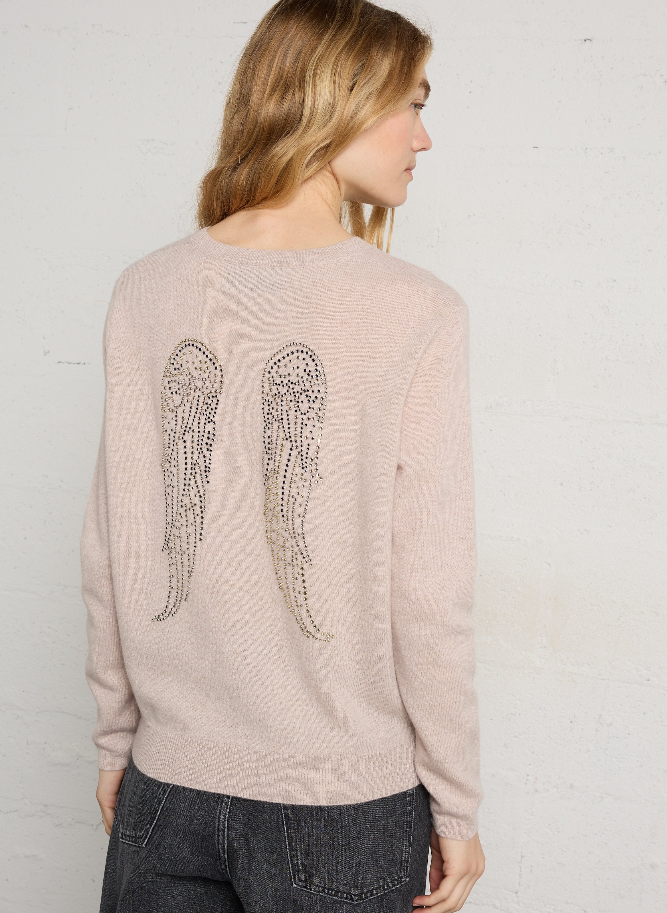 Oversized round-neck wool sweater with studs BERENICE Beige