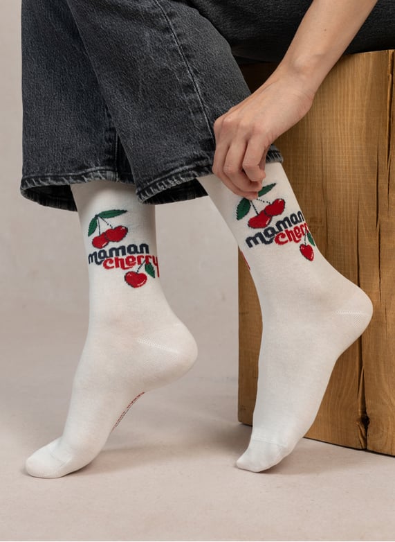 Chaussettes en coton mélangé imprimé Cherry Ecru Bleuforet Femme