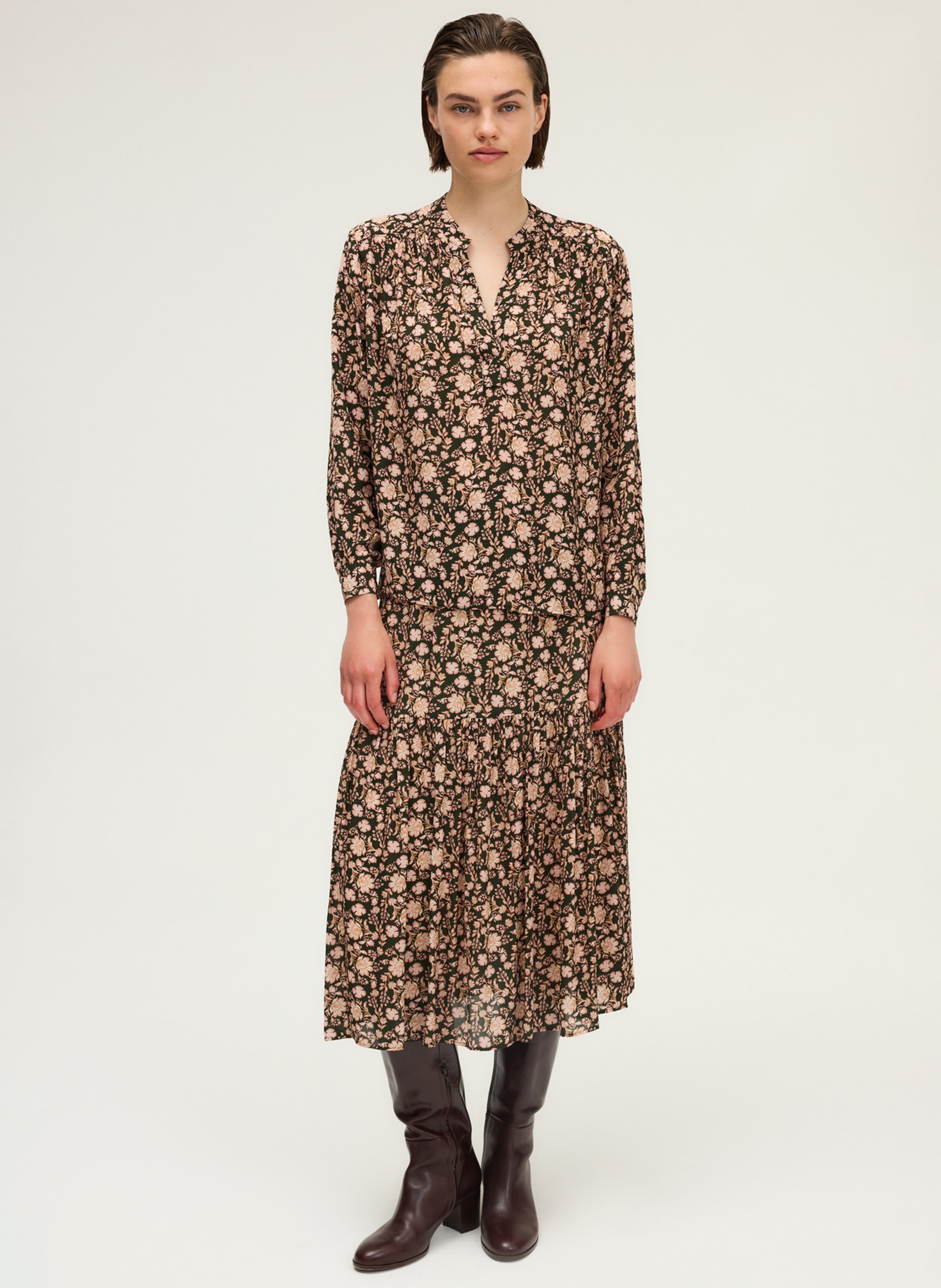 Tunisian collar blouse with floral pattern PABLO Khaki