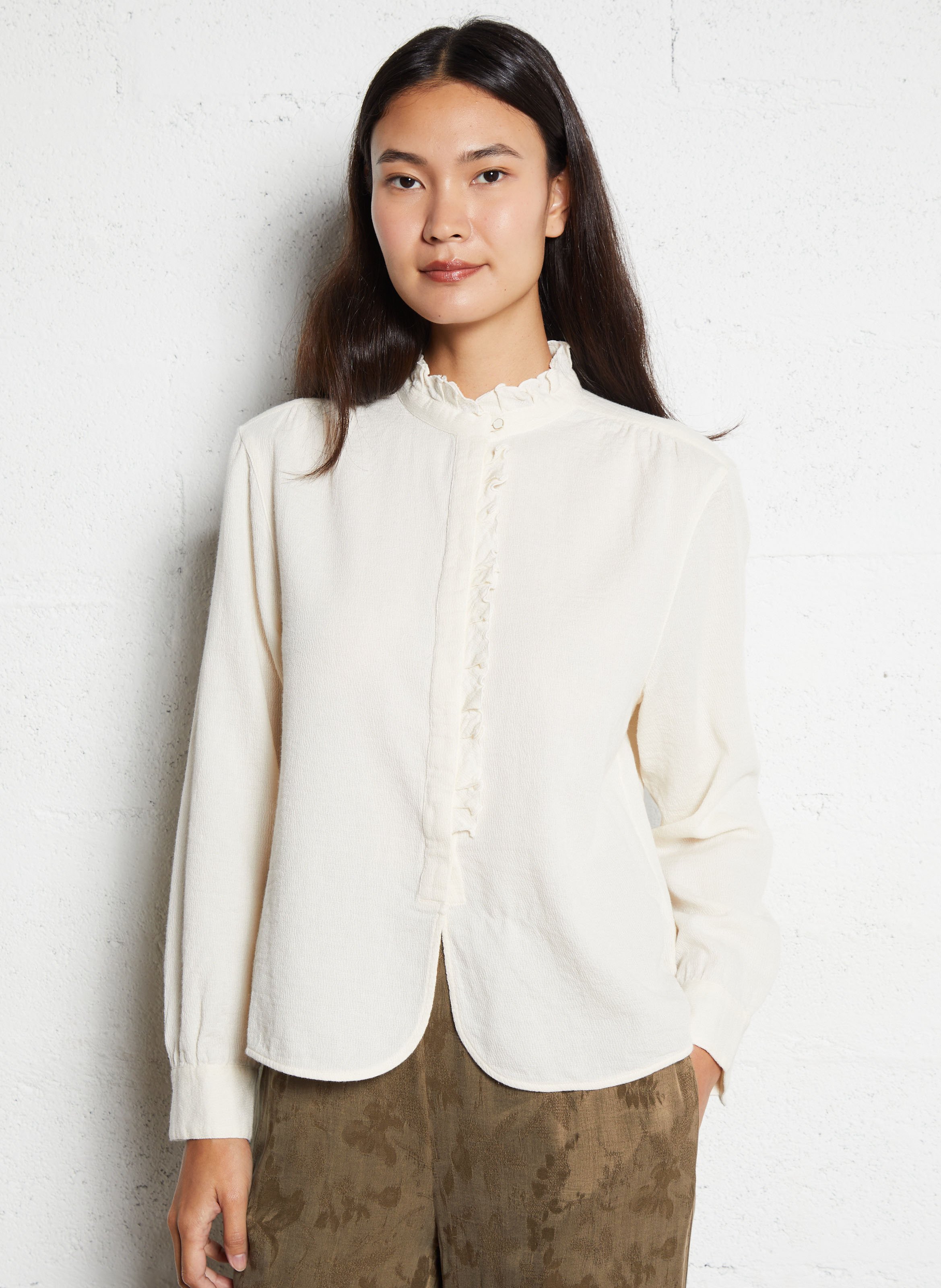 Chemise col montant à volants POMANDERE Blanc